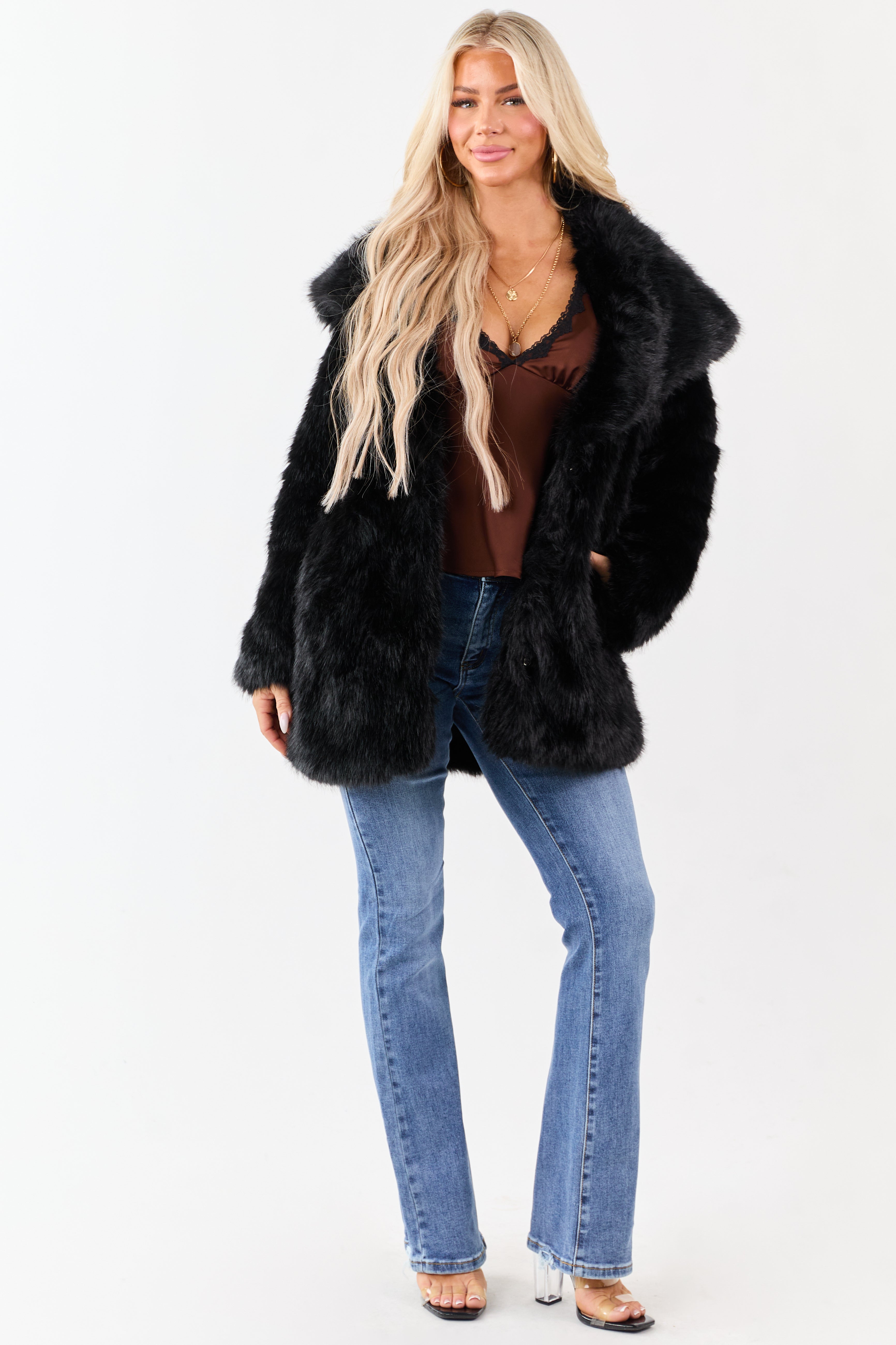 Black Luxe Cloud Faux Fur Collared Coat
