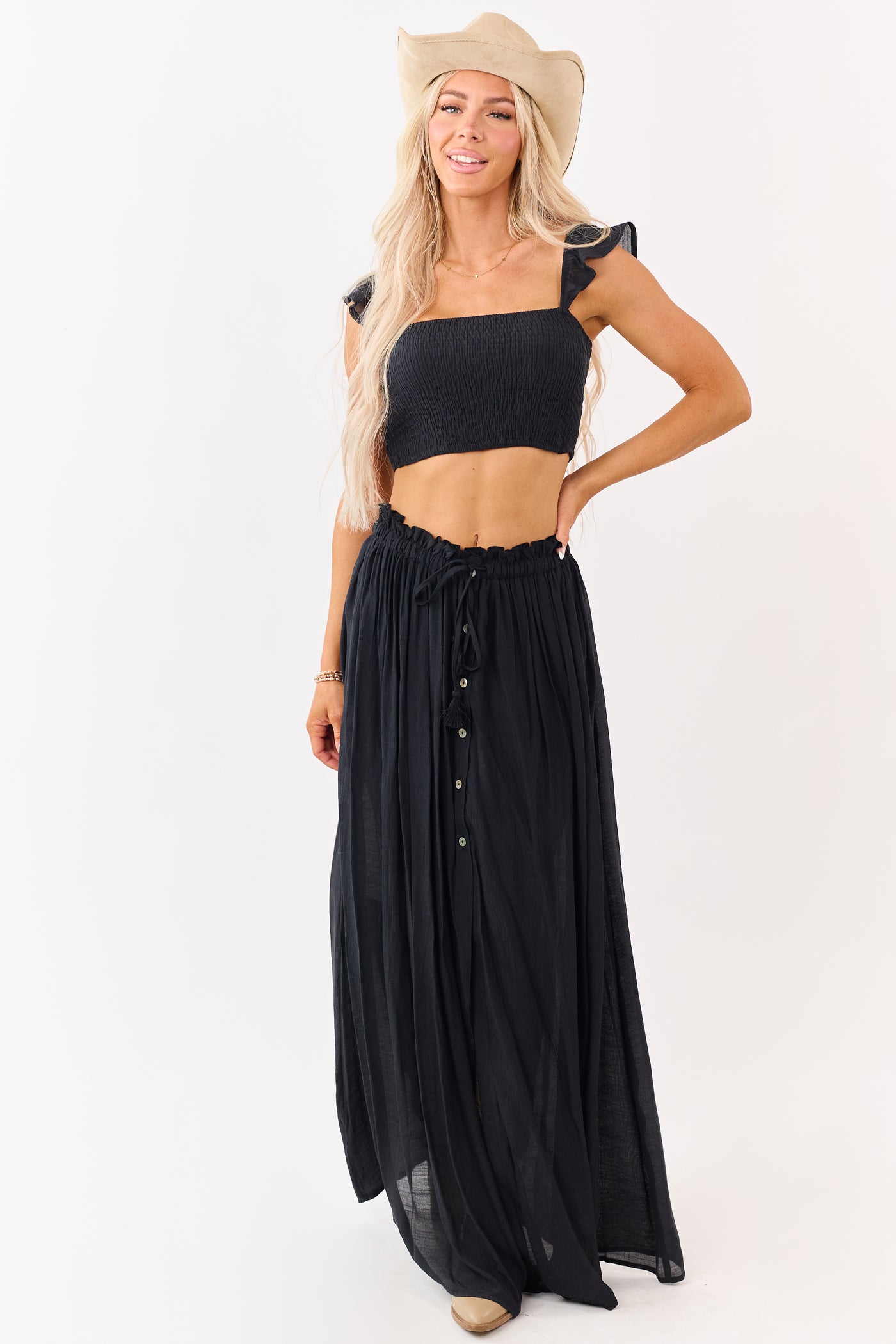 Black Maxi Skirt and Smocked Crop Top Set