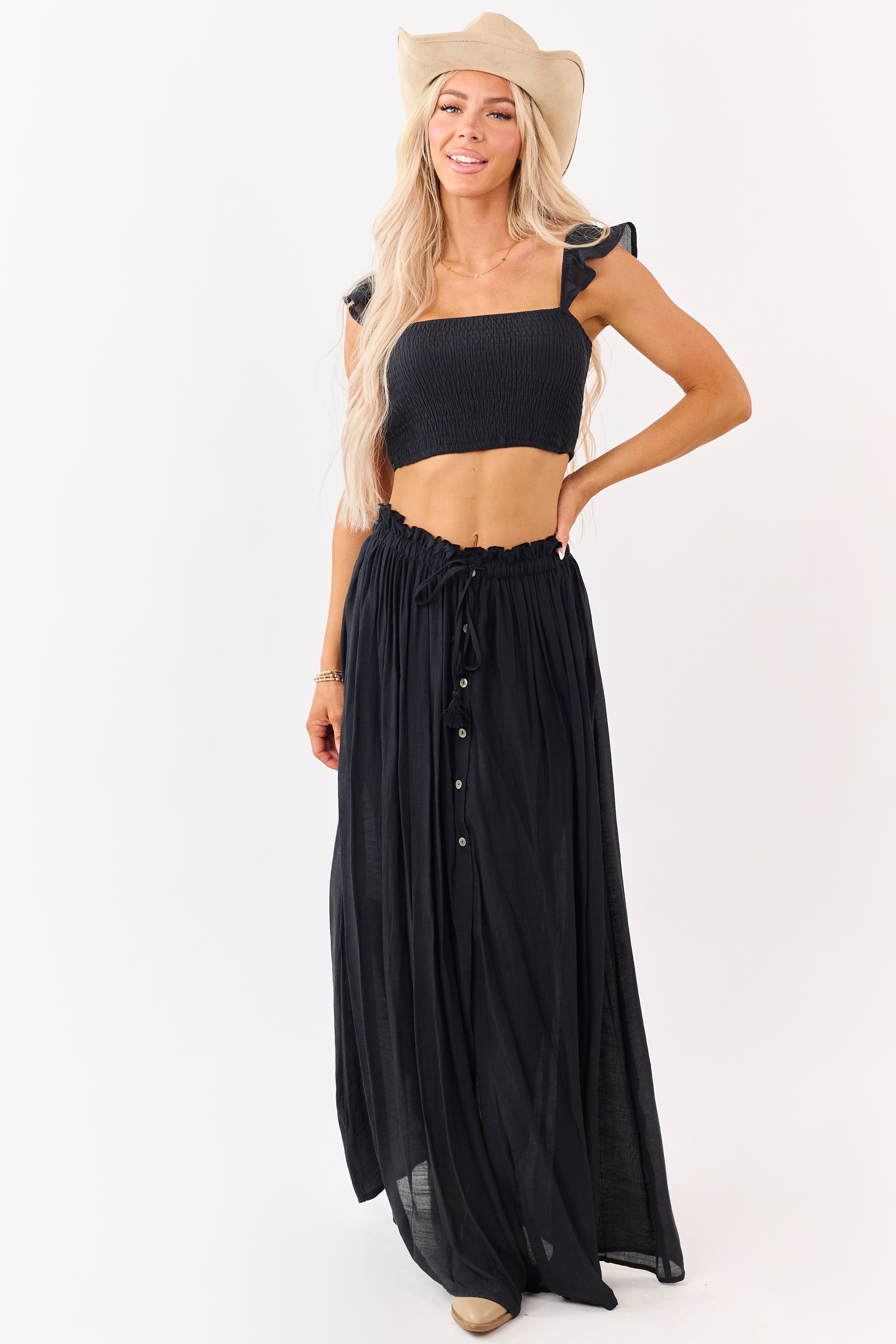 Black Maxi Skirt and Smocked Crop Top Set
