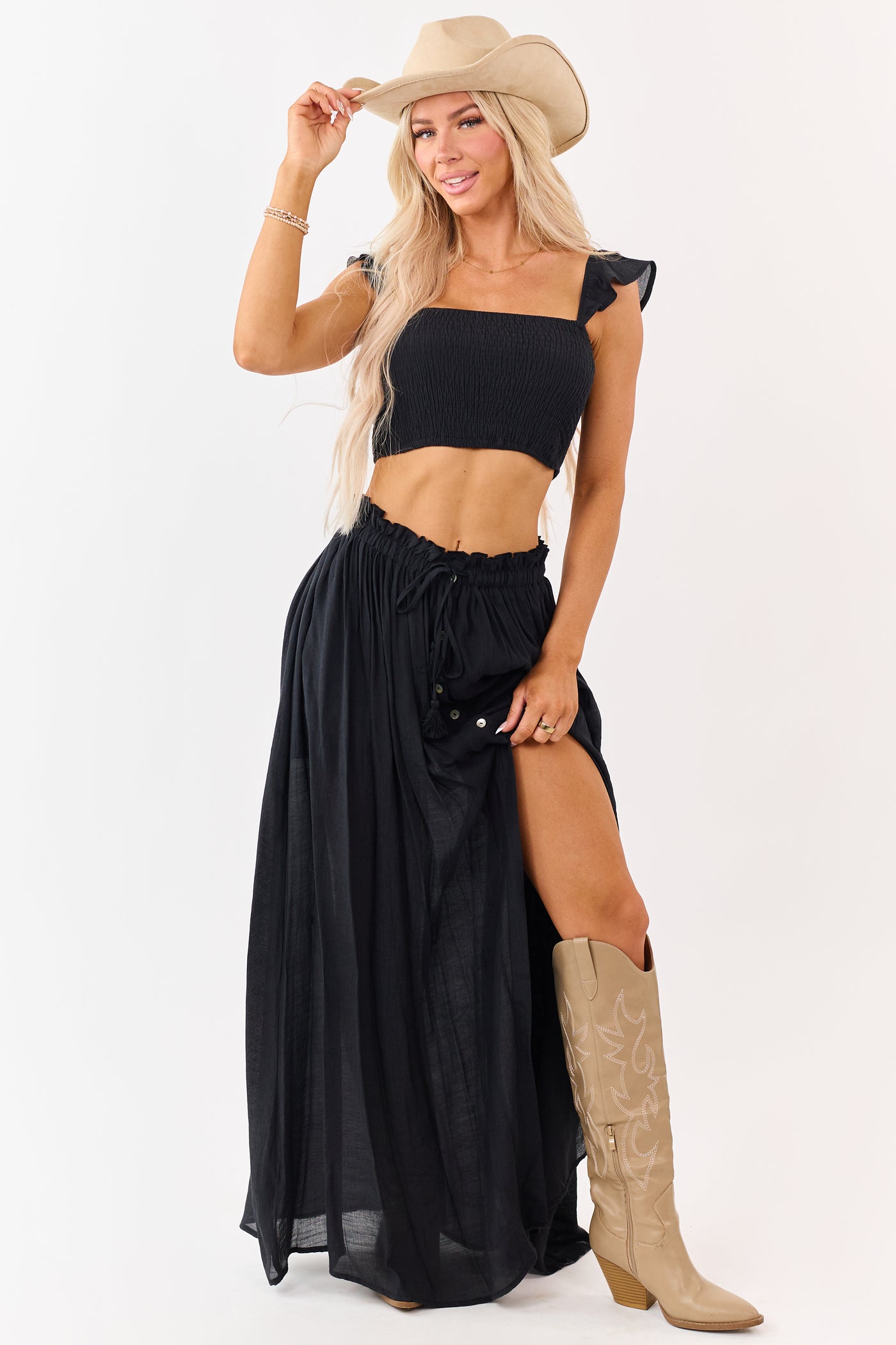Black Maxi Skirt and Smocked Crop Top Set