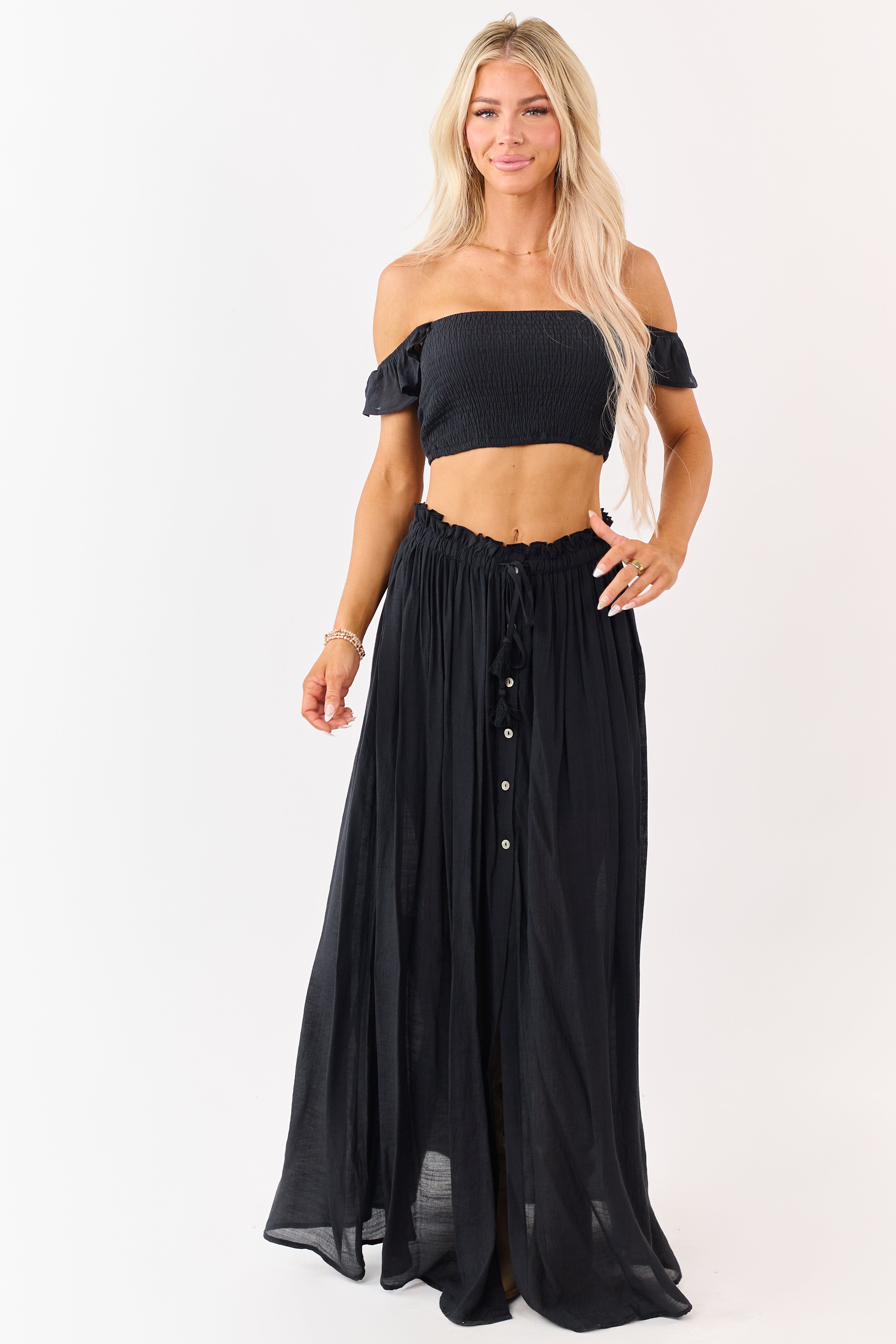 Black Maxi Skirt and Smocked Crop Top Set