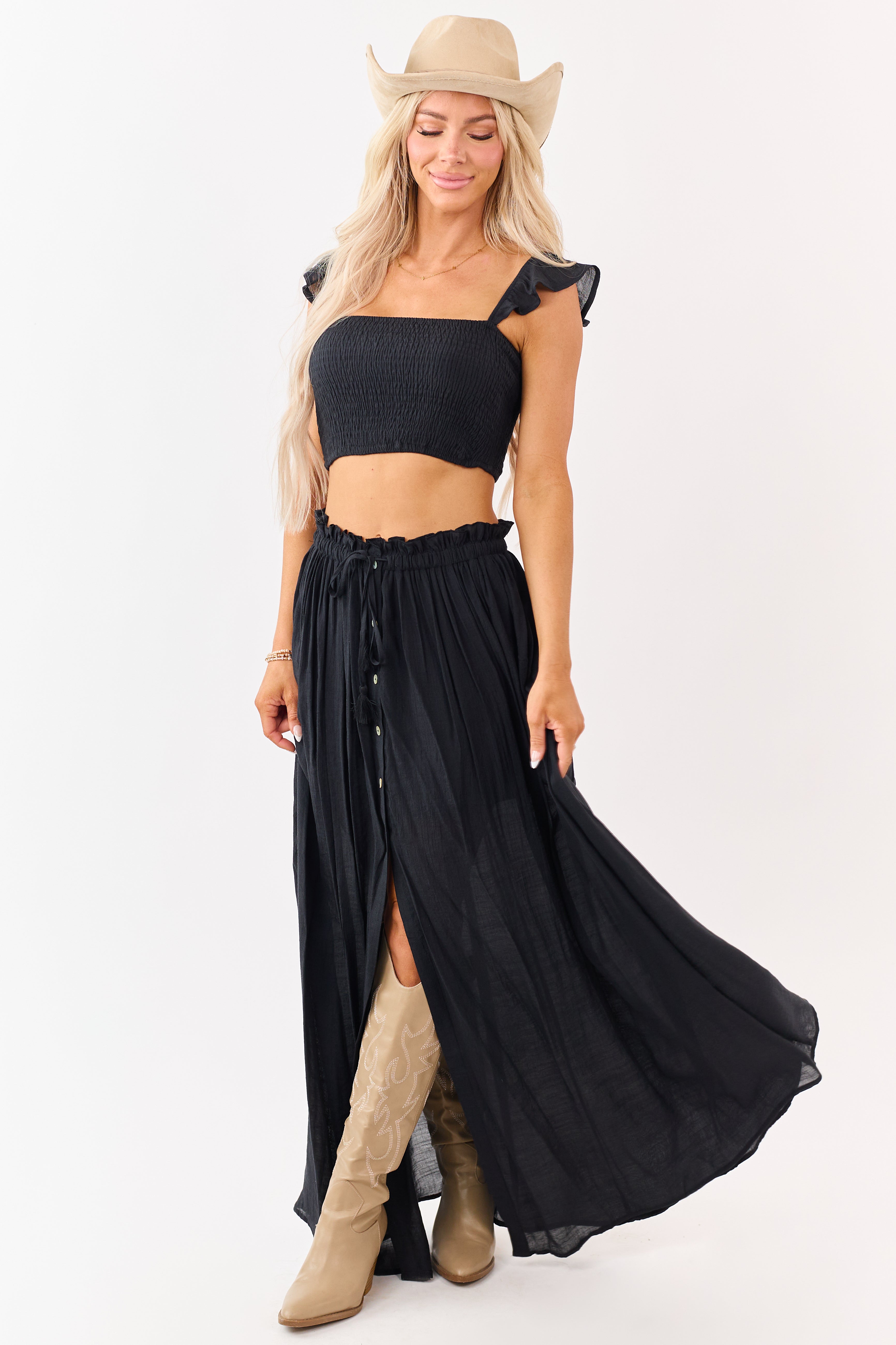 Black Maxi Skirt and Smocked Crop Top Set