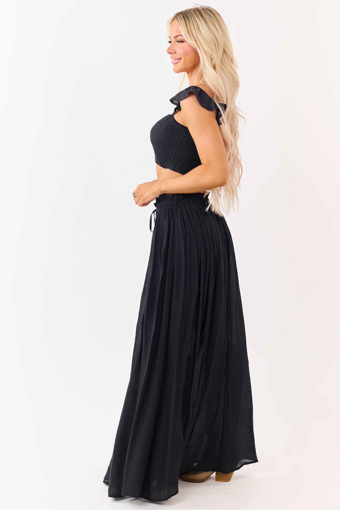 Black Maxi Skirt and Smocked Crop Top Set