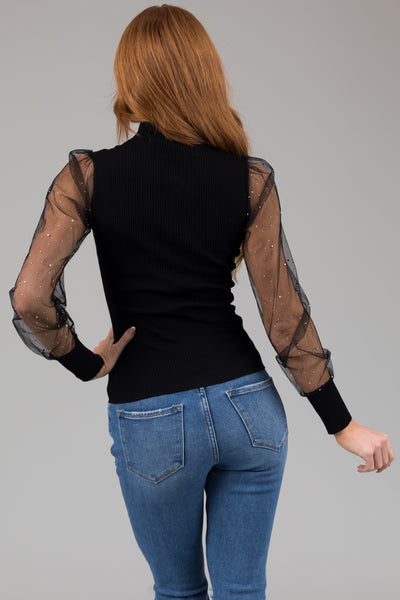 Black Mesh Rhinestone Long Sleeves Knit Top