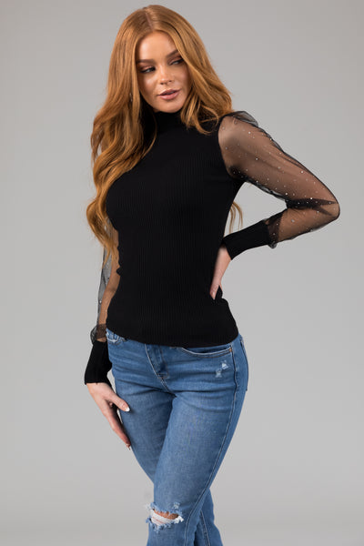 Black Mesh Rhinestone Long Sleeves Knit Top