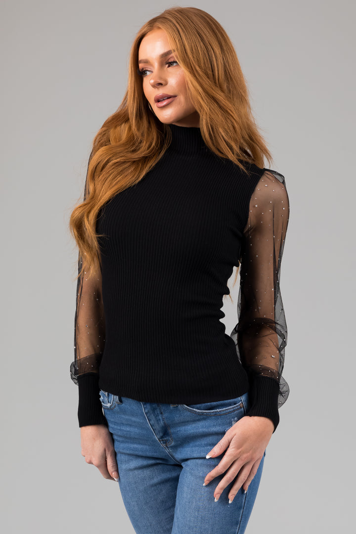Black Mesh Rhinestone Long Sleeves Knit Top