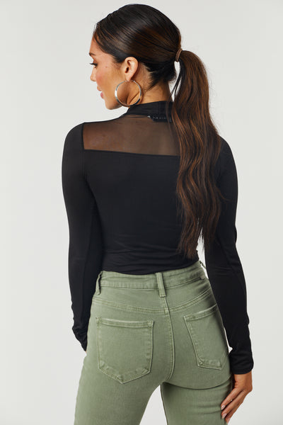 Black Mesh Yoke Mock Neck Knit Bodysuit