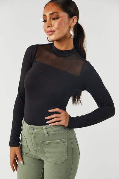Black Mesh Yoke Mock Neck Knit Bodysuit