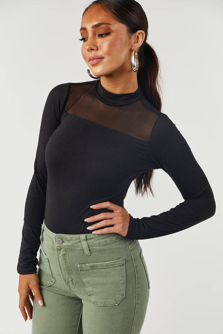 Black Mesh Yoke Mock Neck Knit Bodysuit