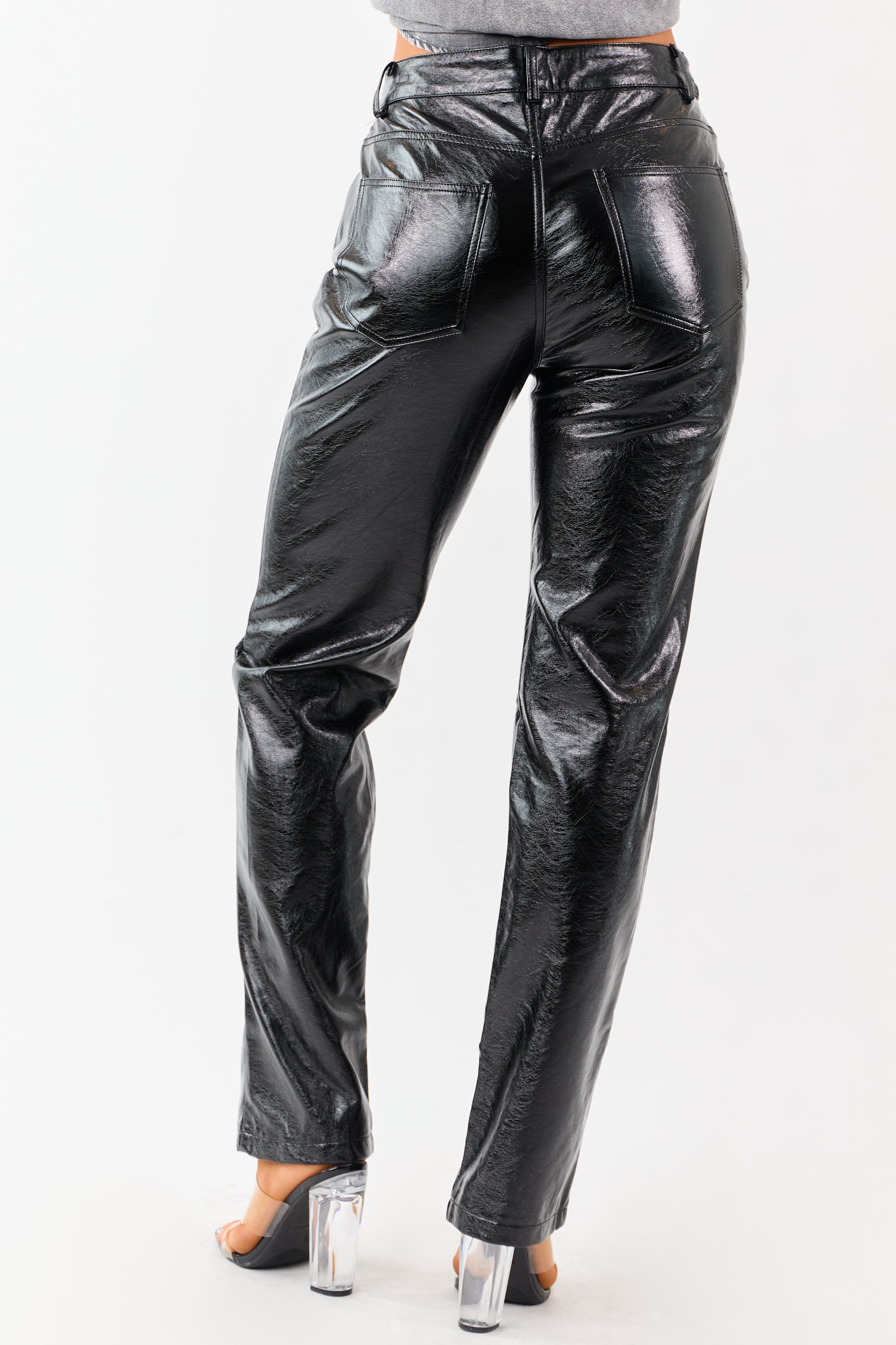 Black Metallic Faux Leather Straight Leg Pants
