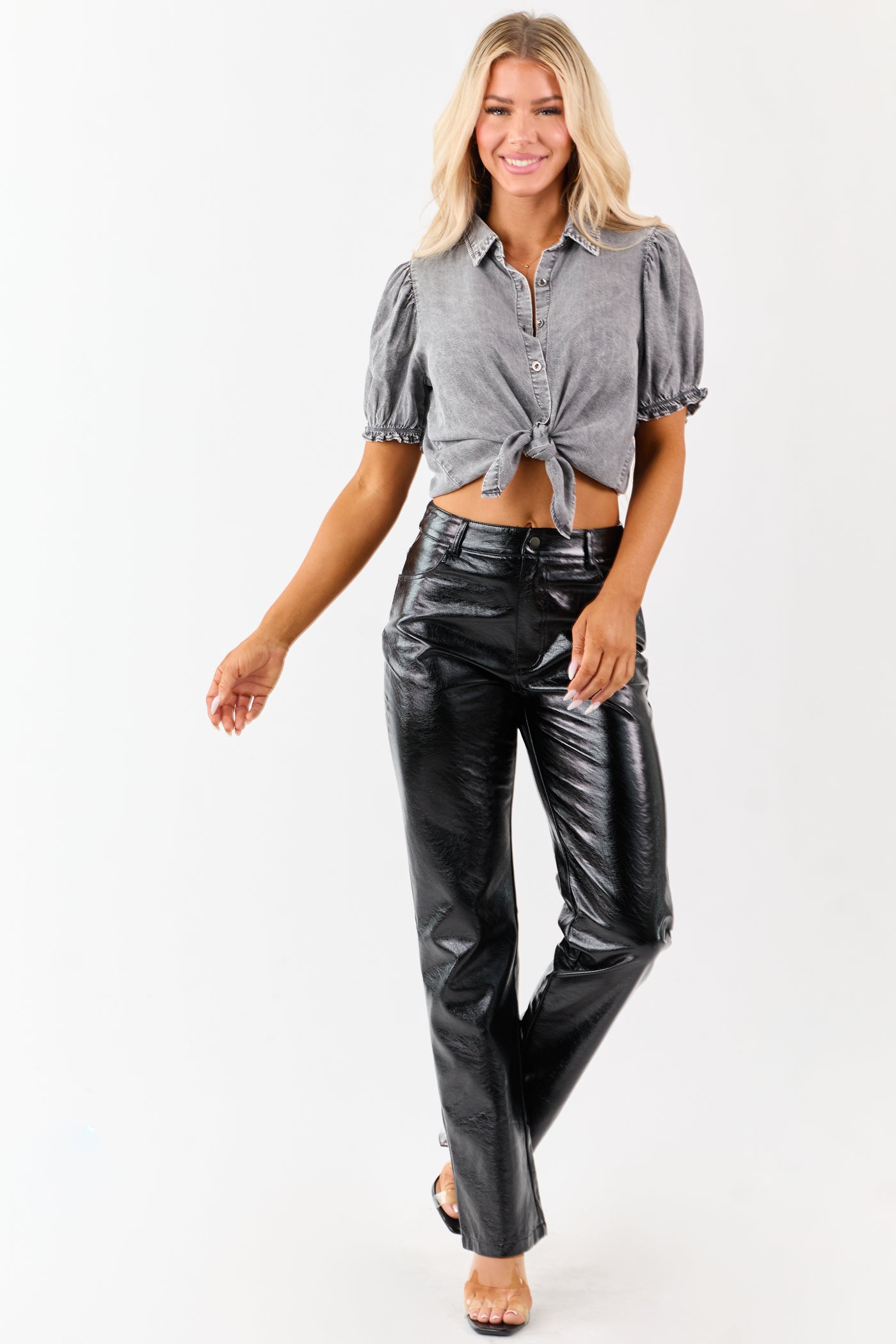 Black Metallic Faux Leather Straight Leg Pants