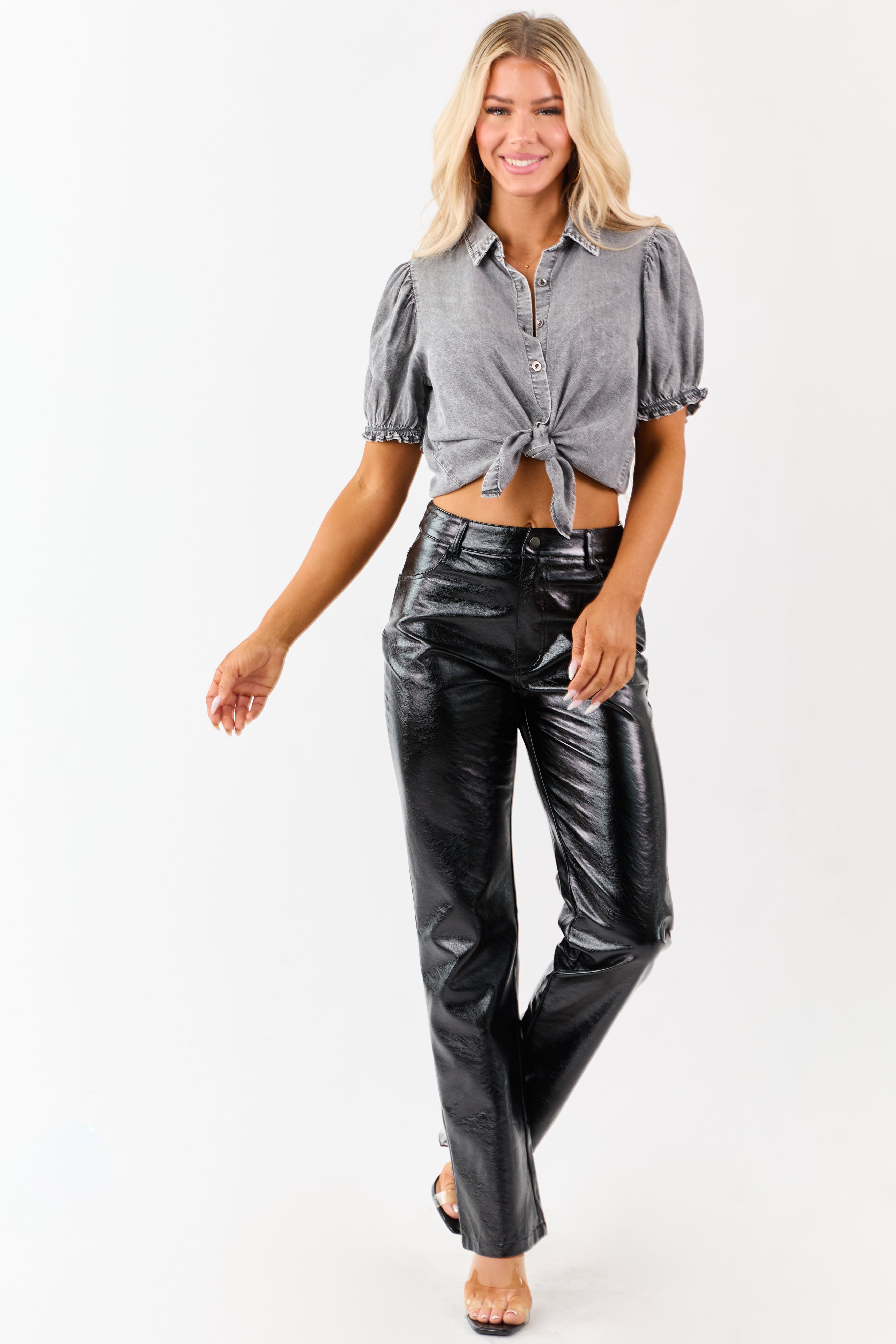 Black Metallic Faux Leather Straight Leg Pants