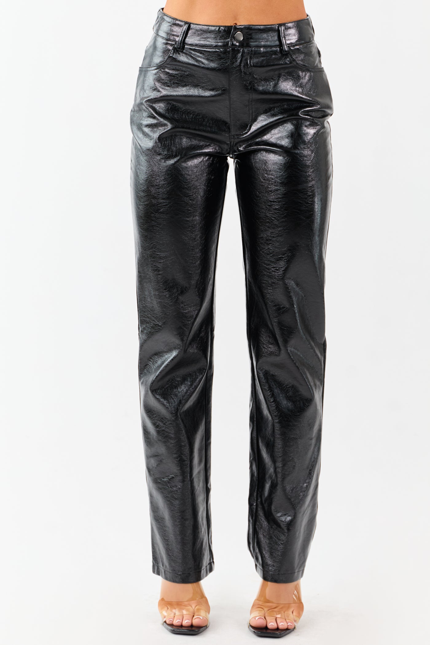 Black Metallic Faux Leather Straight Leg Pants