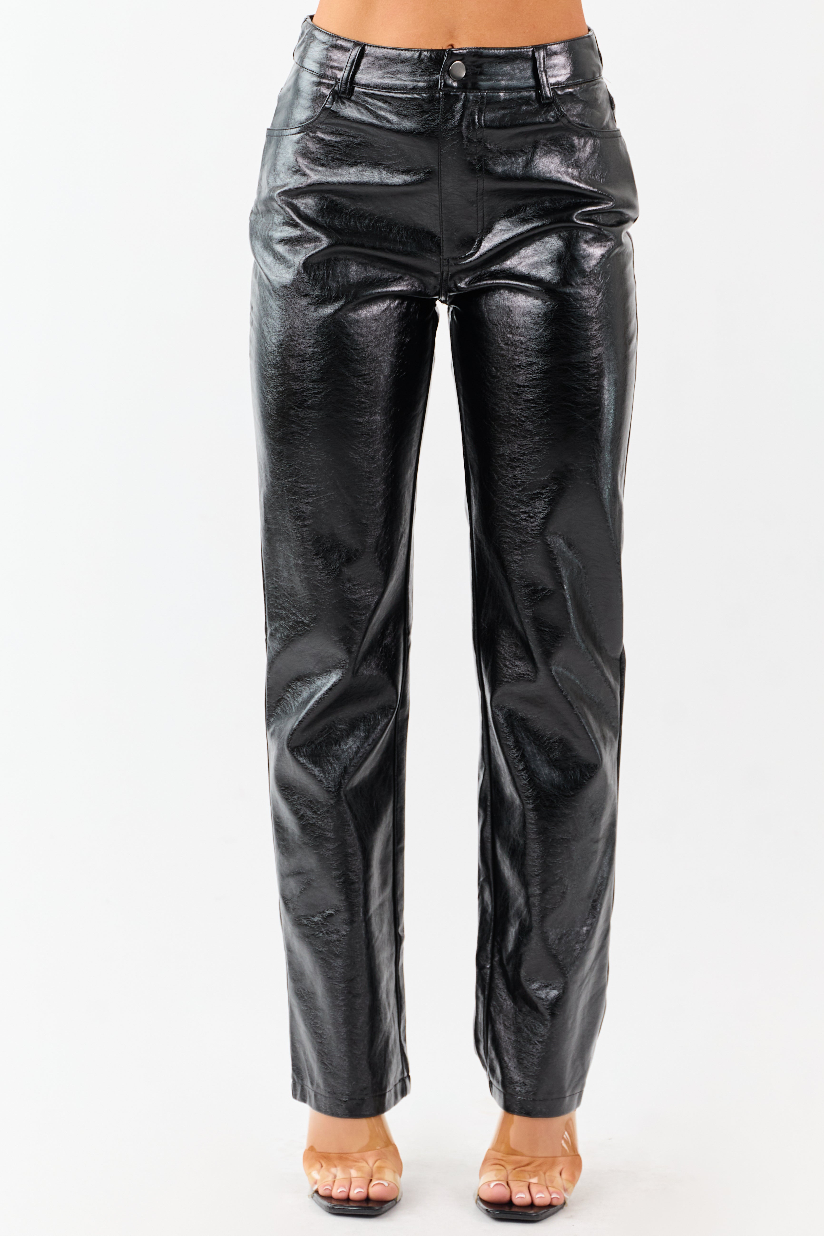 Black Metallic Faux Leather Straight Leg Pants