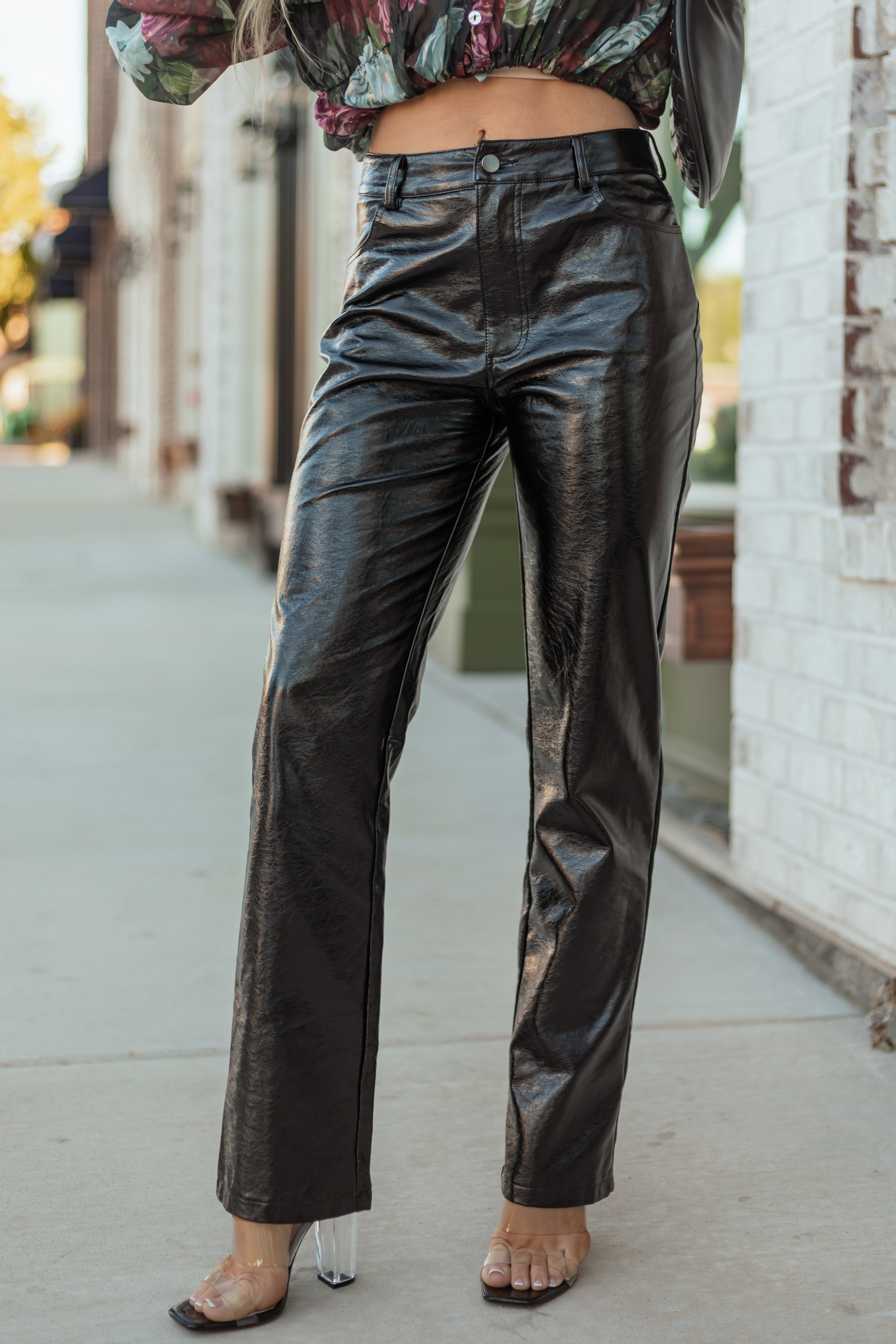 Black Metallic Faux Leather Straight Leg Pants | Lime Lush Boutique