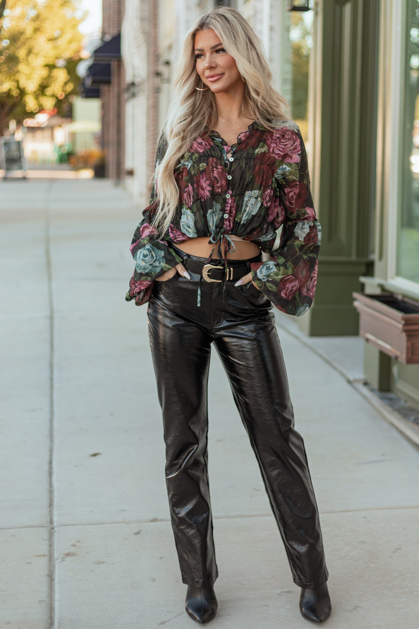 Black Metallic Faux Leather Straight Leg Pants