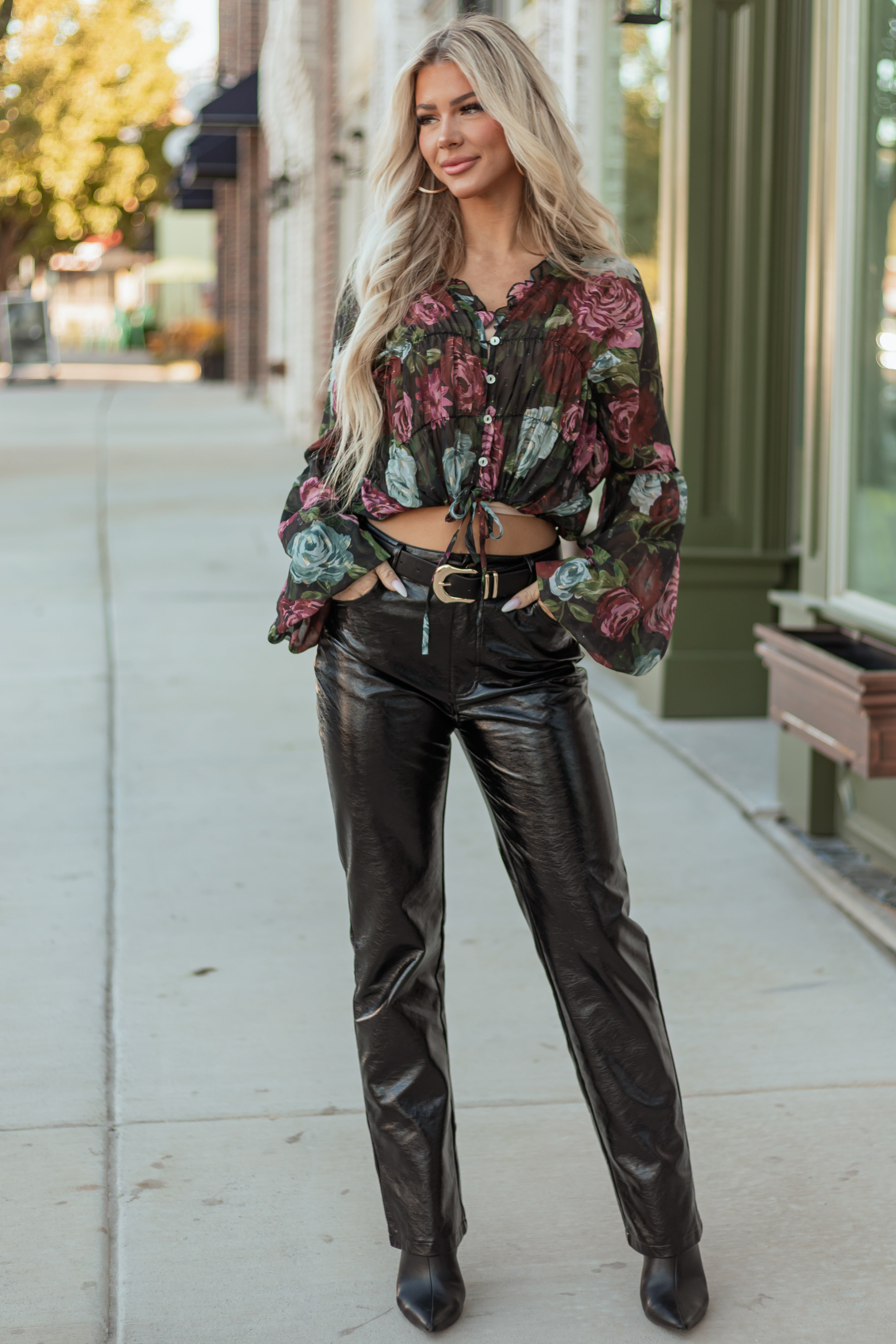 Black Metallic Faux Leather Straight Leg Pants