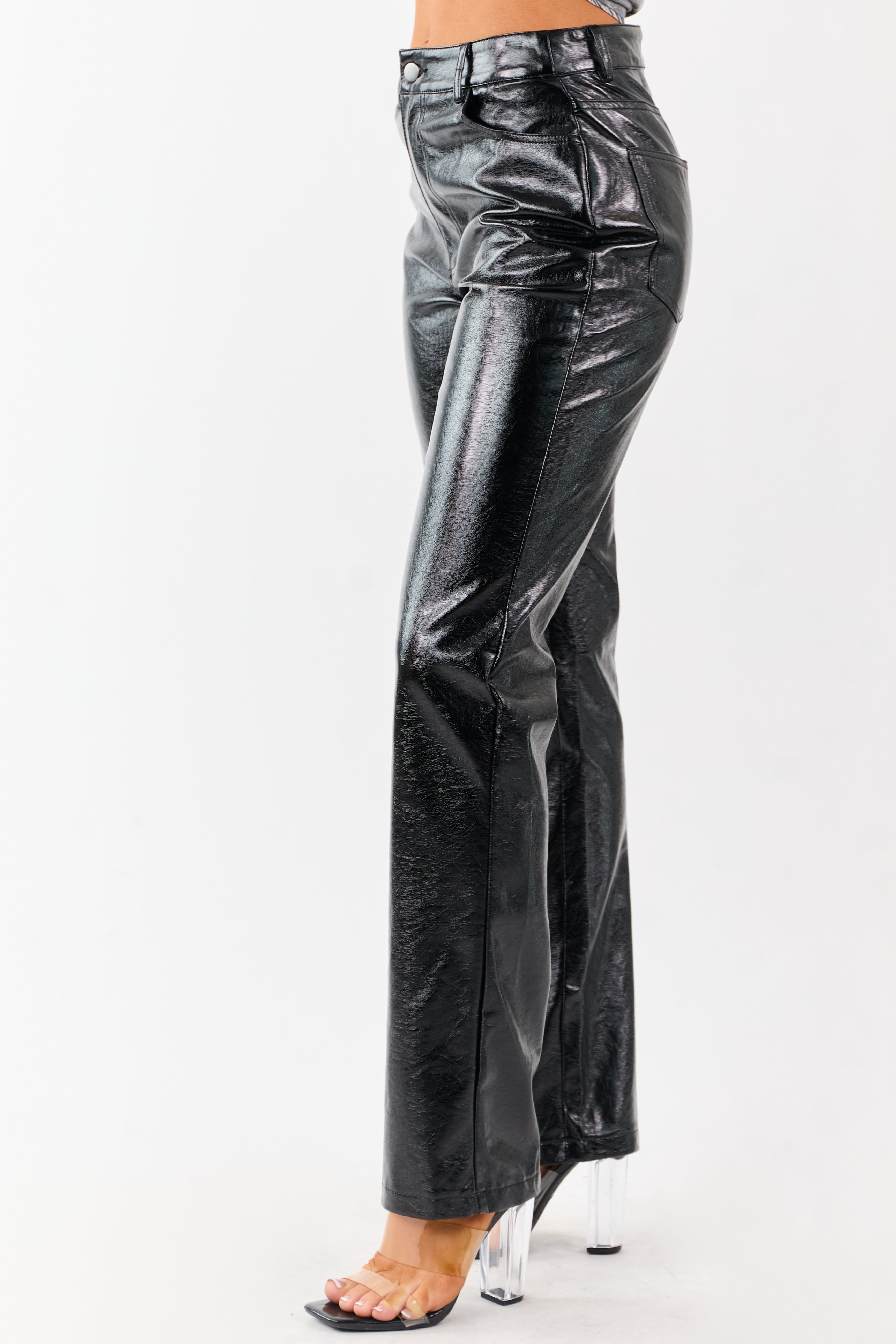 Black Metallic Faux Leather Straight Leg Pants