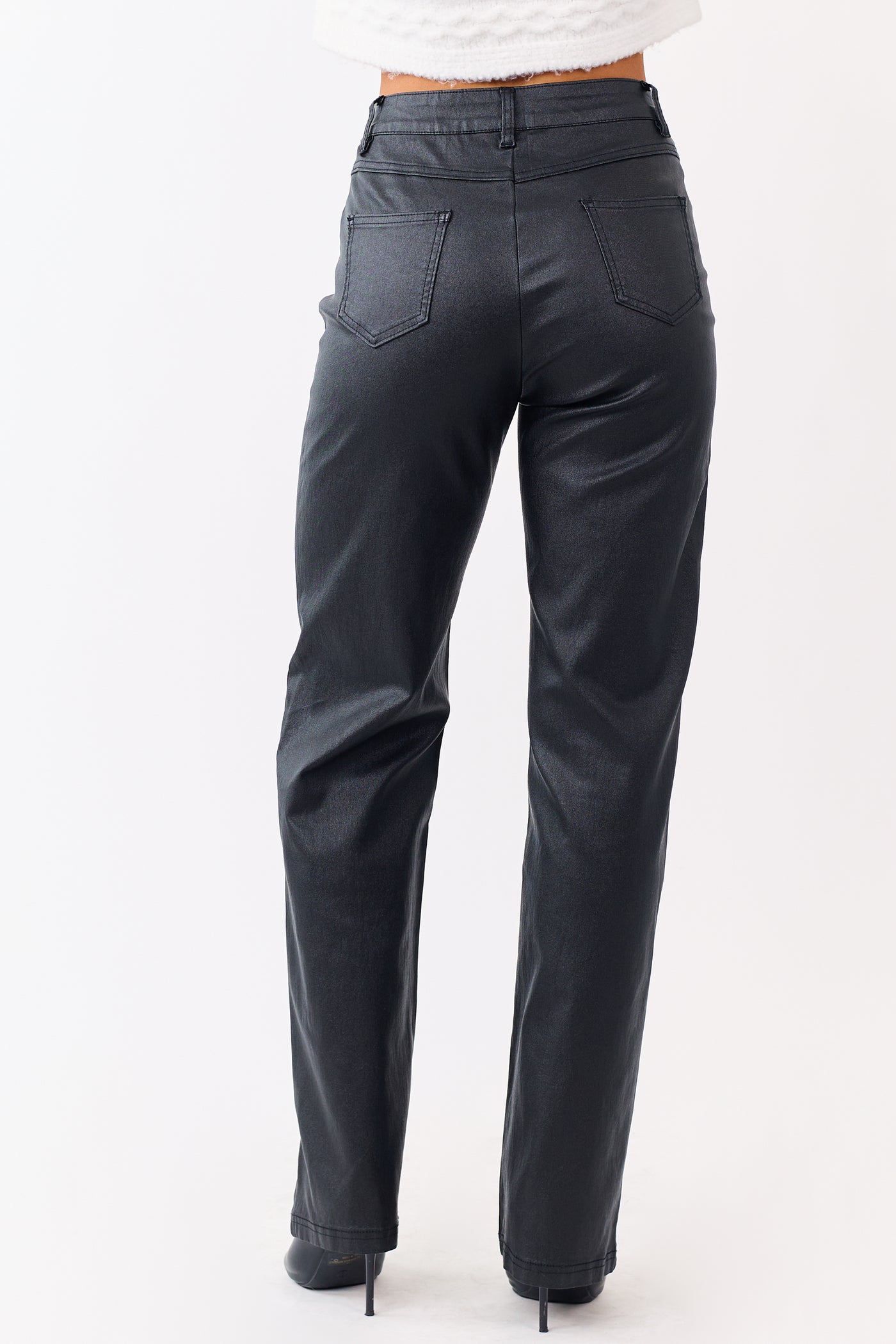 Black Metallic Faux Leather Stretchy Straight Pants