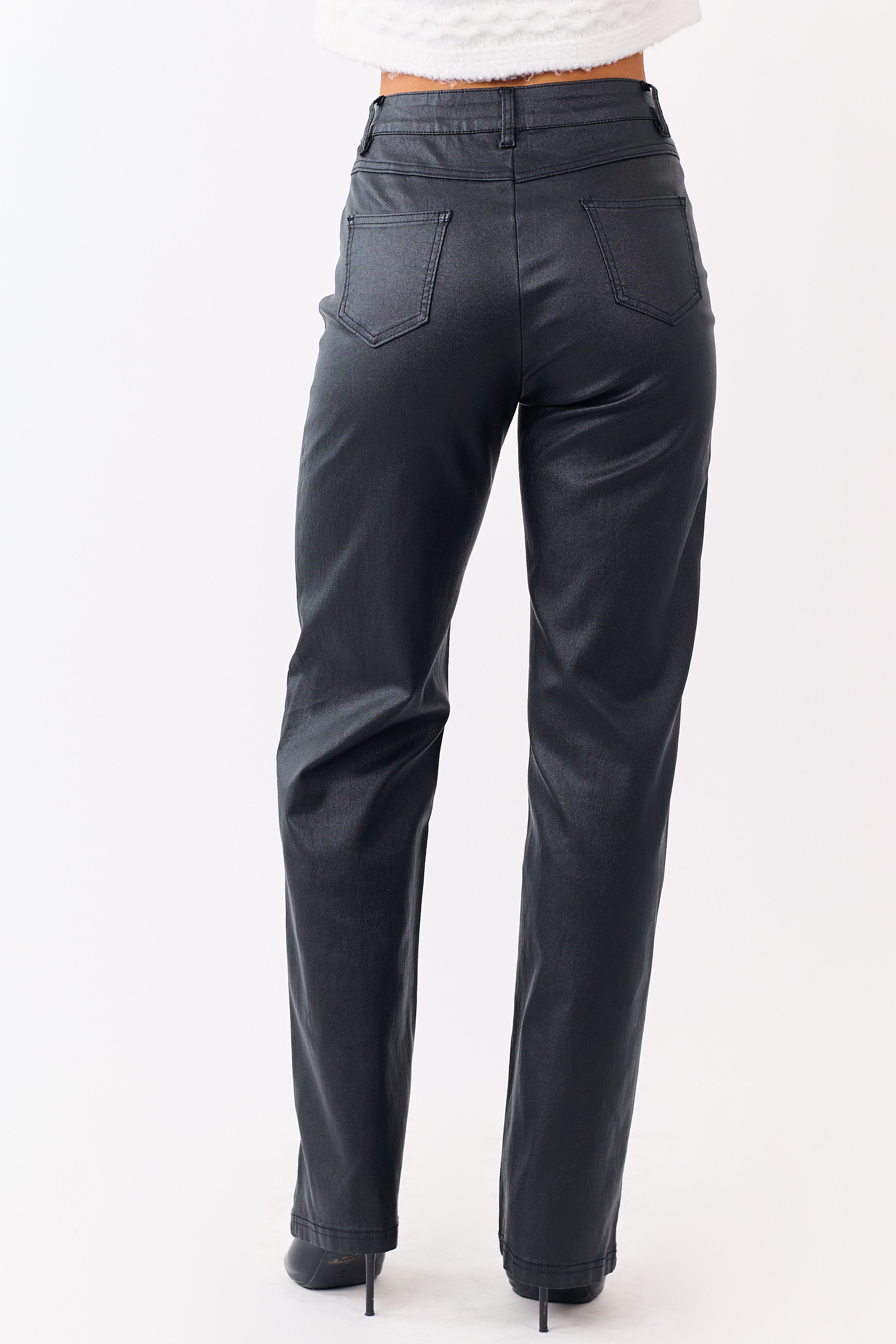 Black Metallic Faux Leather Stretchy Straight Pants