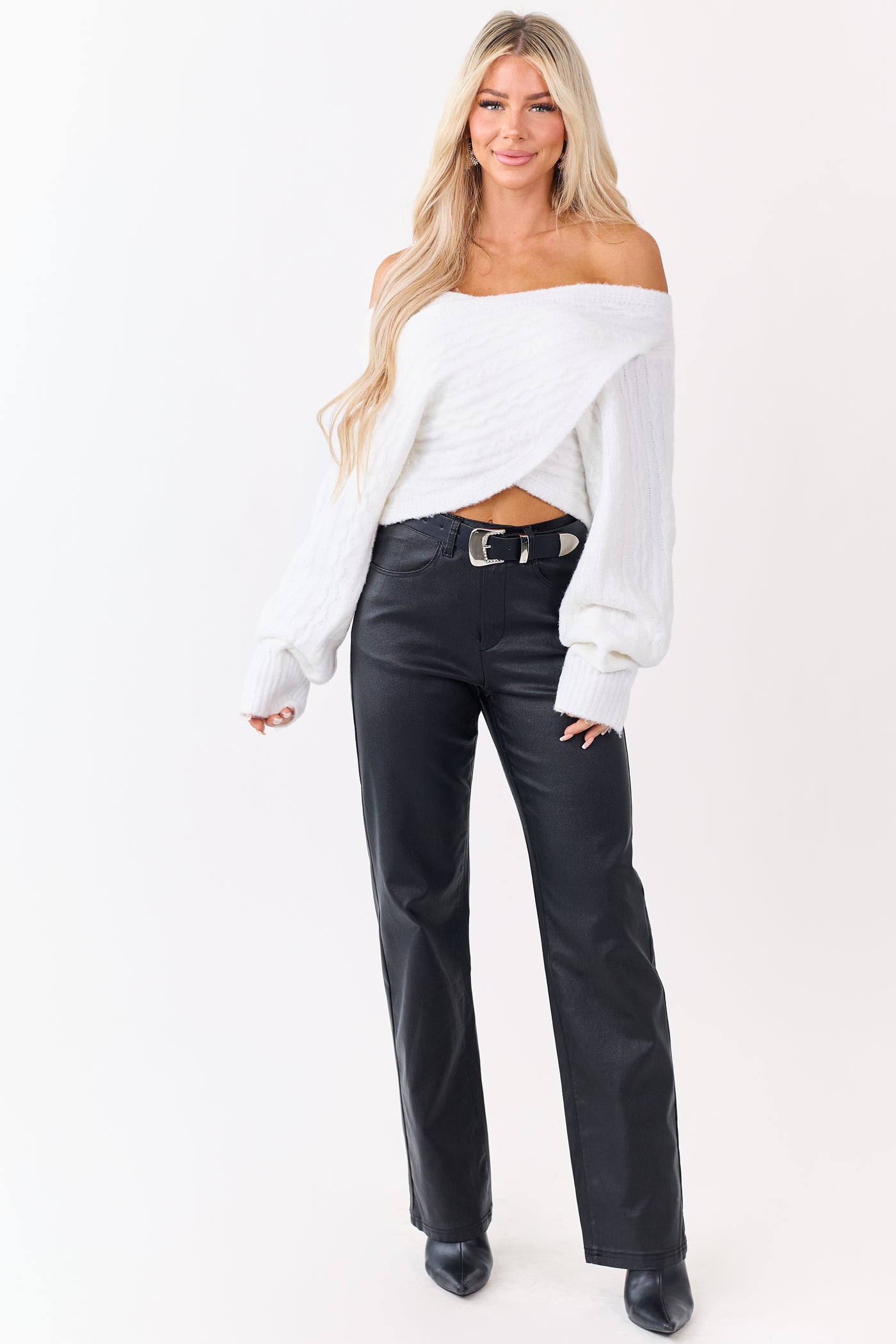 Black Metallic Faux Leather Stretchy Straight Pants