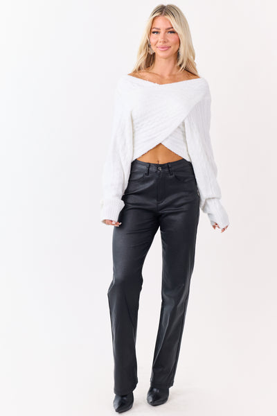 Black Metallic Faux Leather Stretchy Straight Pants