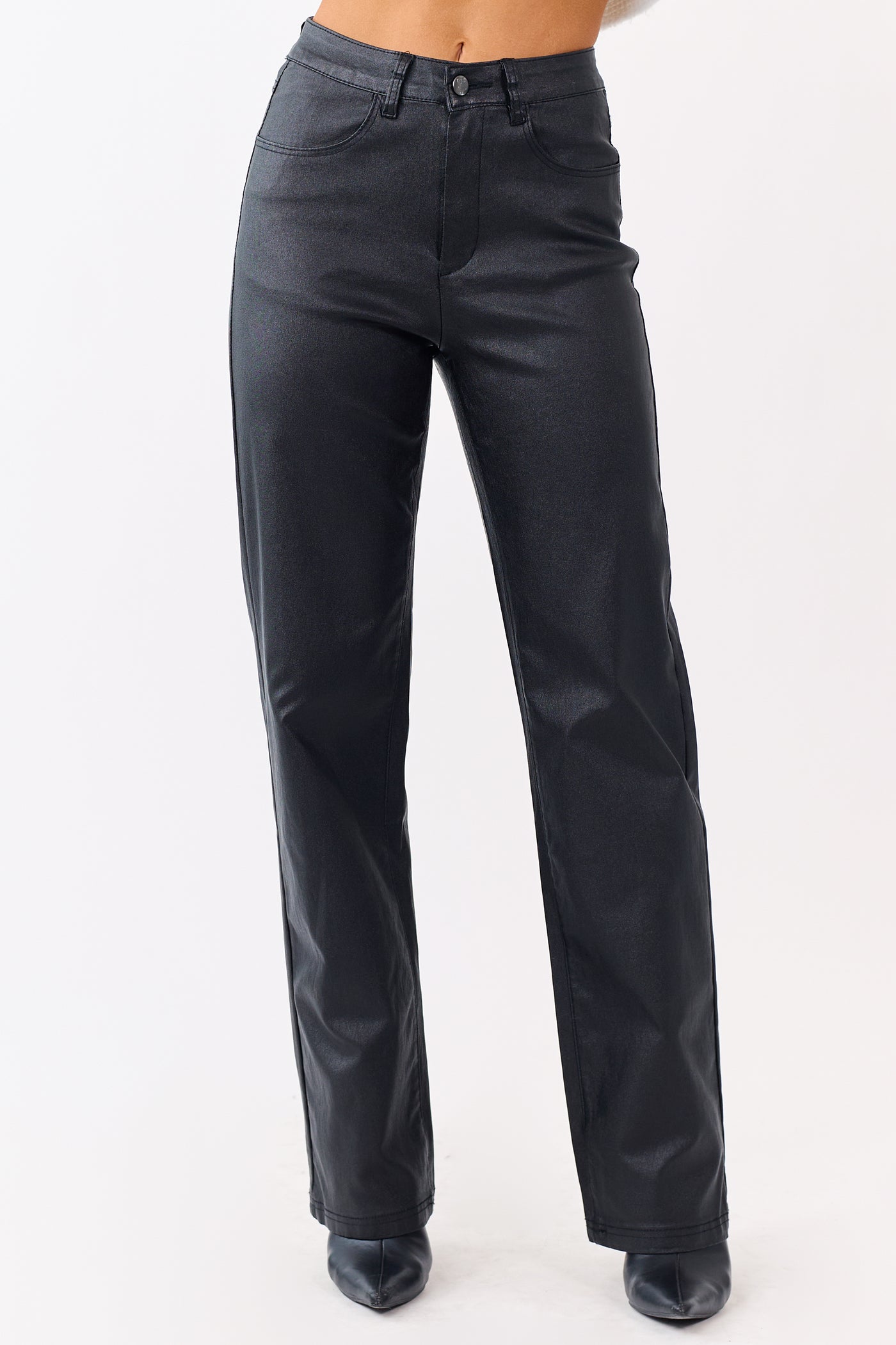 Black Metallic Faux Leather Stretchy Straight Pants