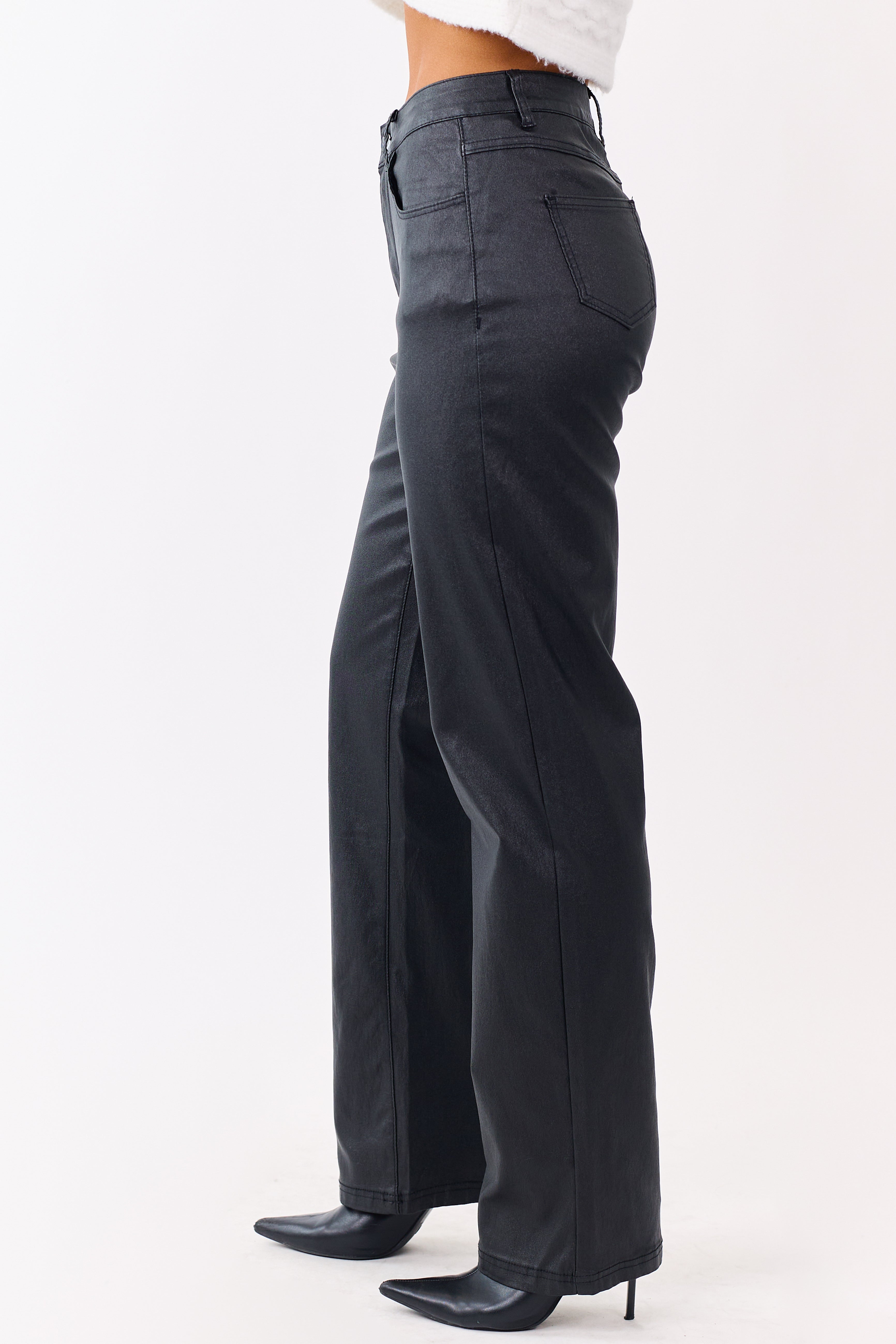 Black Metallic Faux Leather Stretchy Straight Pants