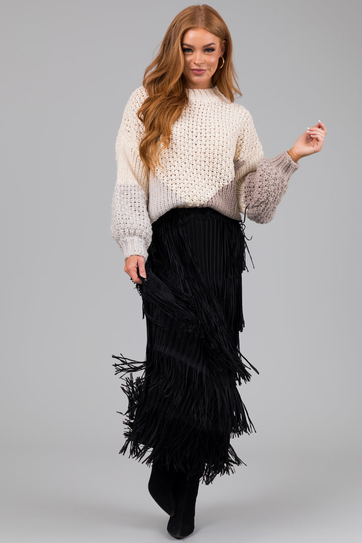 Black Midi Length Tiered Fringe Skirt