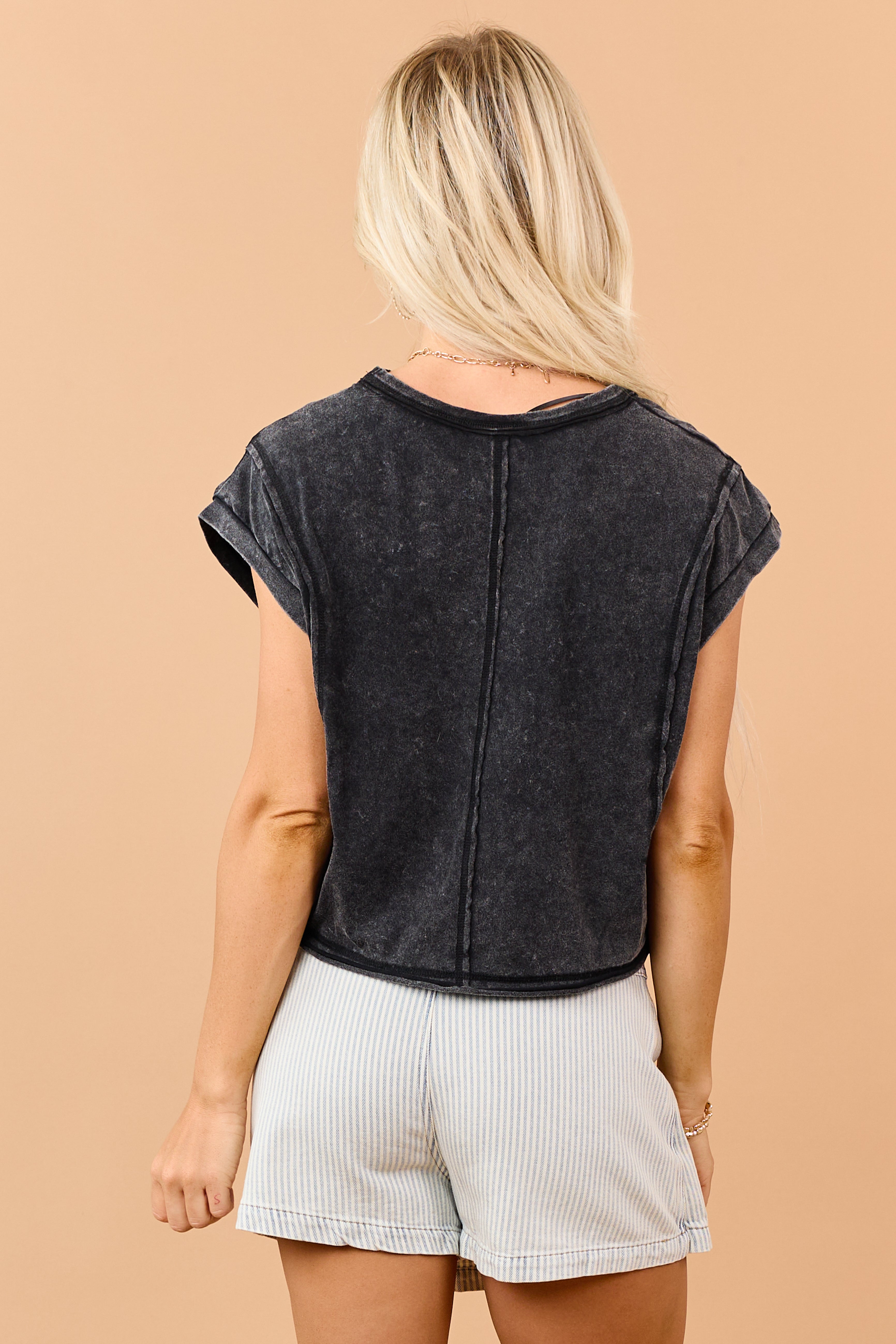 Black Mineral Wash Cotton Exposed Seam Boxy Top | Lime Lush Boutique