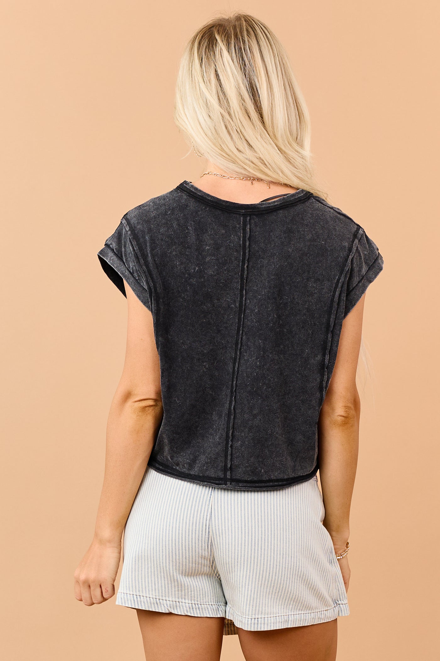 Black Mineral Wash Cotton Exposed Seam Boxy Top