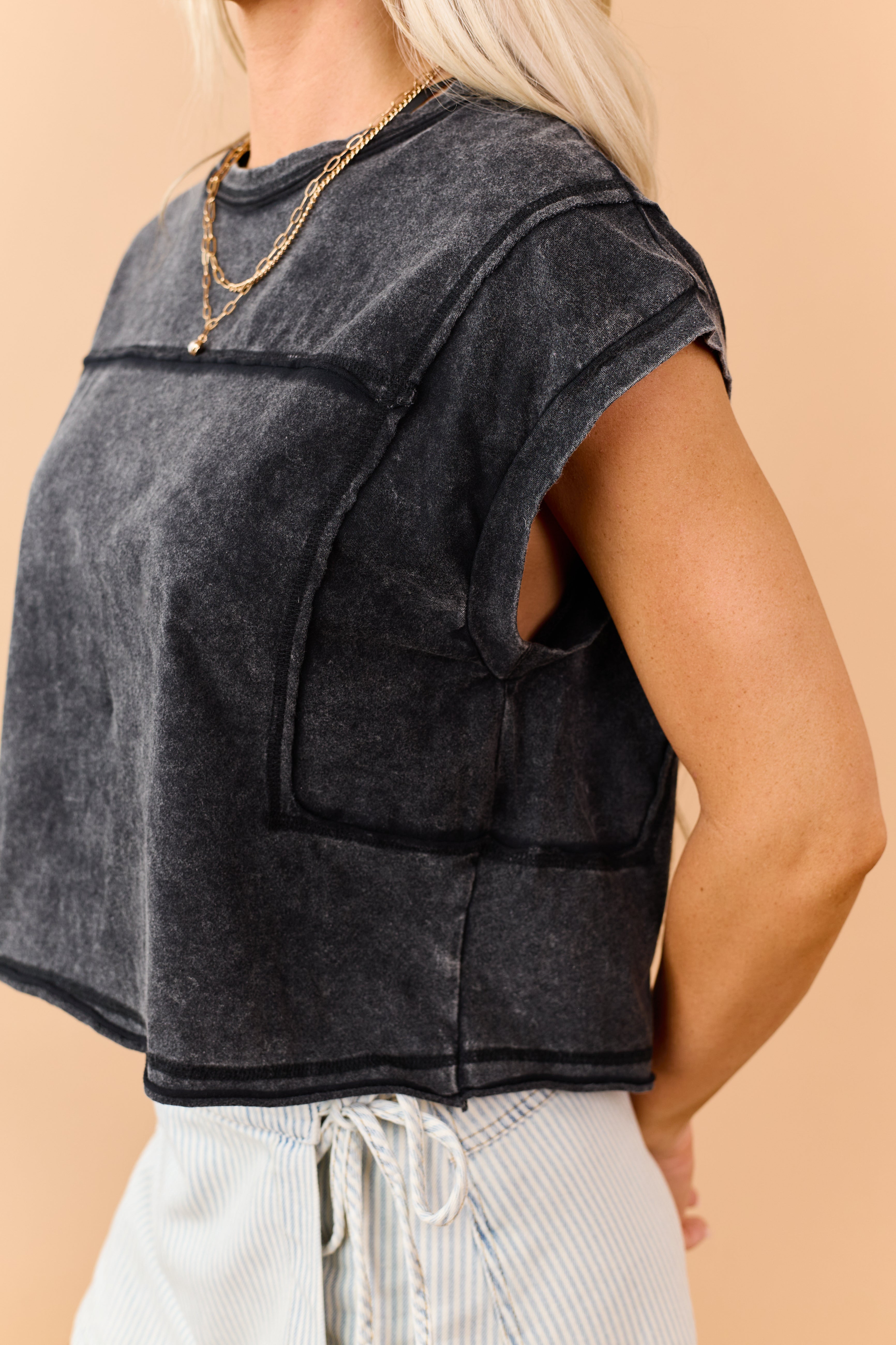 Black Mineral Wash Cotton Exposed Seam Boxy Top
