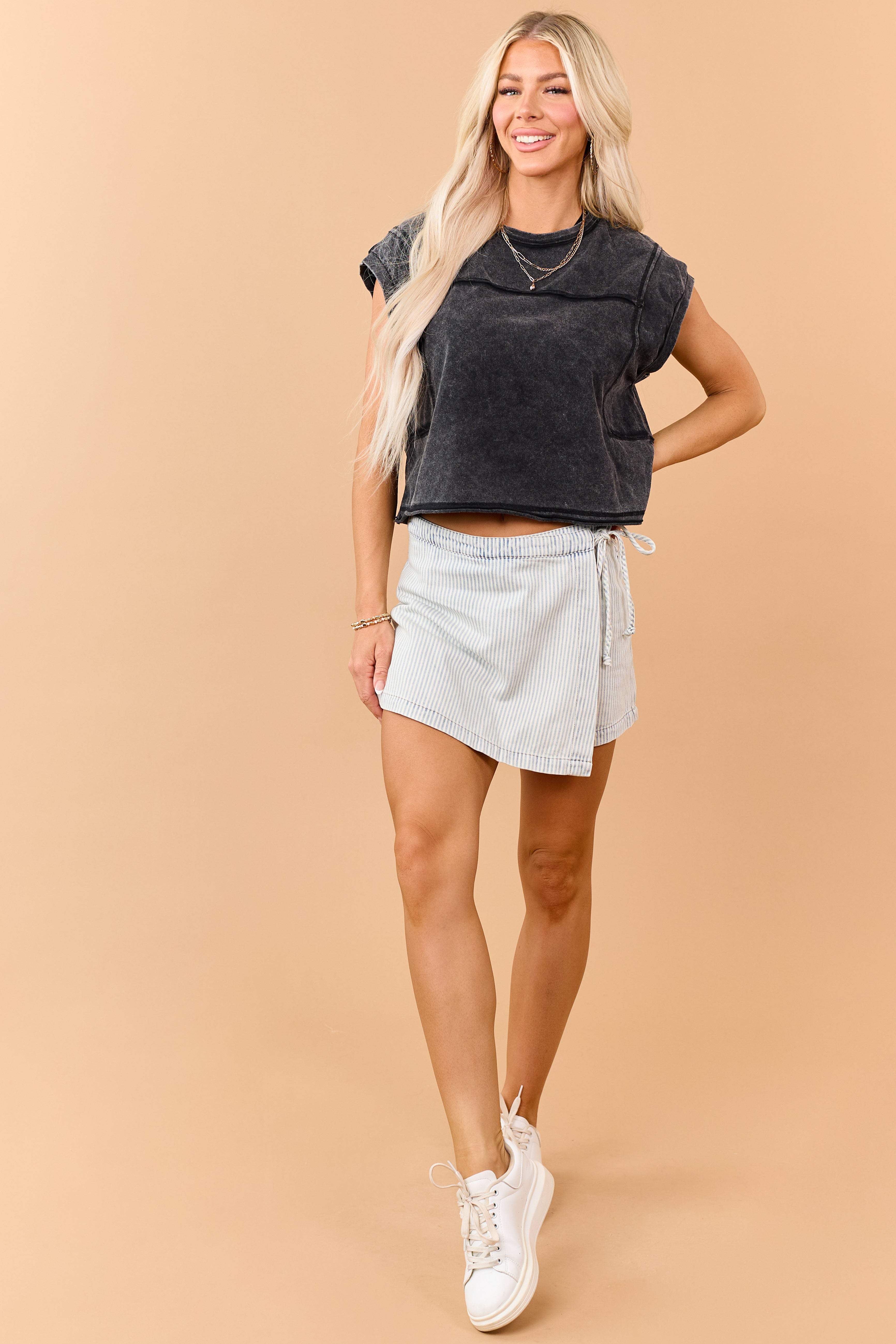 Black Mineral Wash Cotton Exposed Seam Boxy Top
