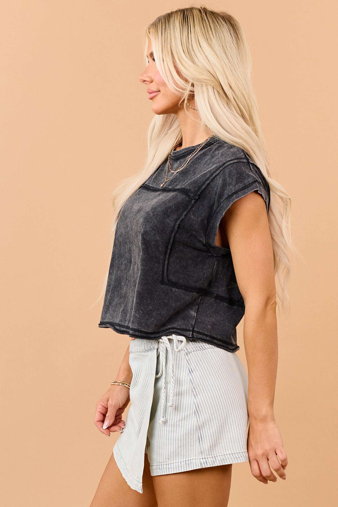 Black Mineral Wash Cotton Exposed Seam Boxy Top