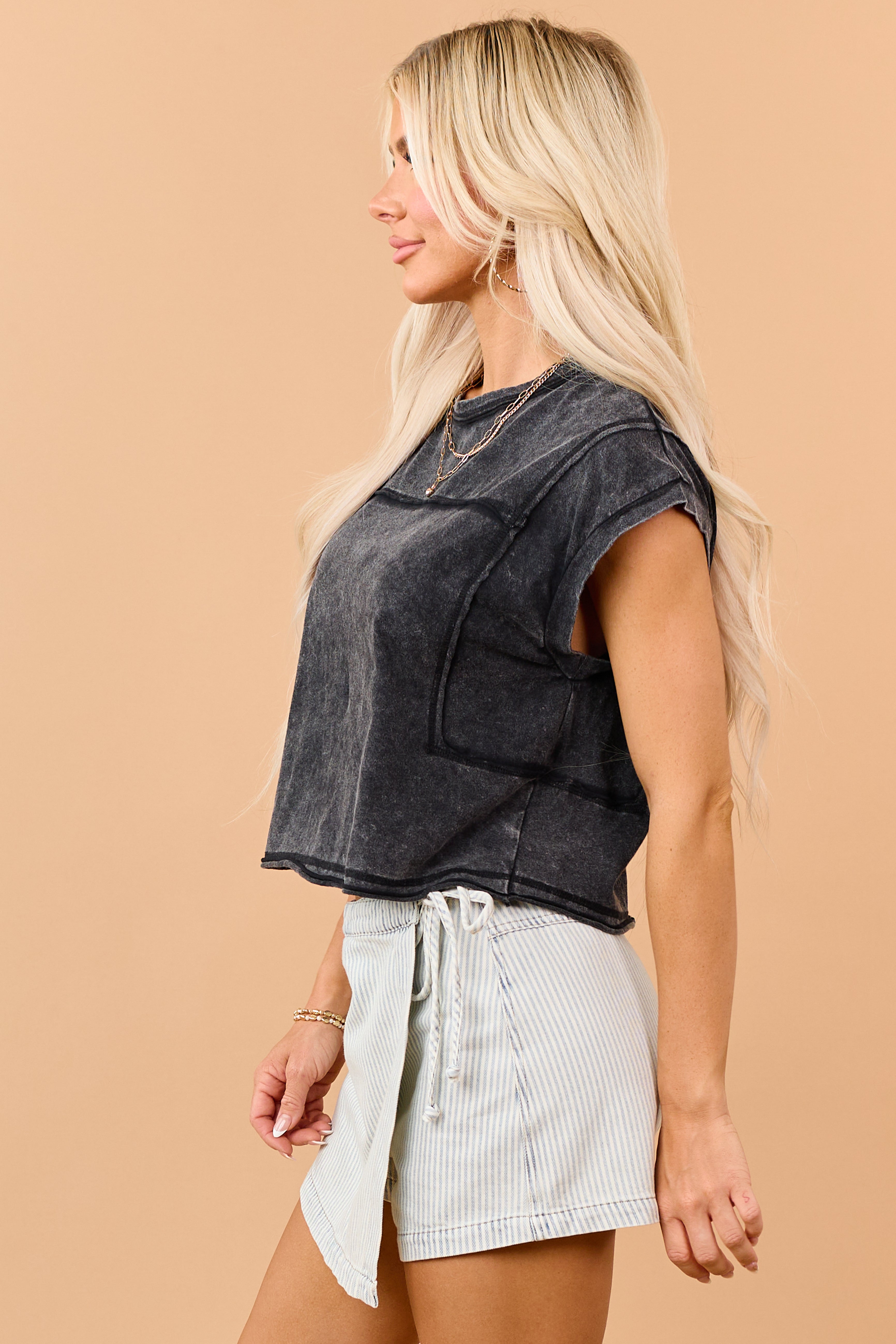 Black Mineral Wash Cotton Exposed Seam Boxy Top