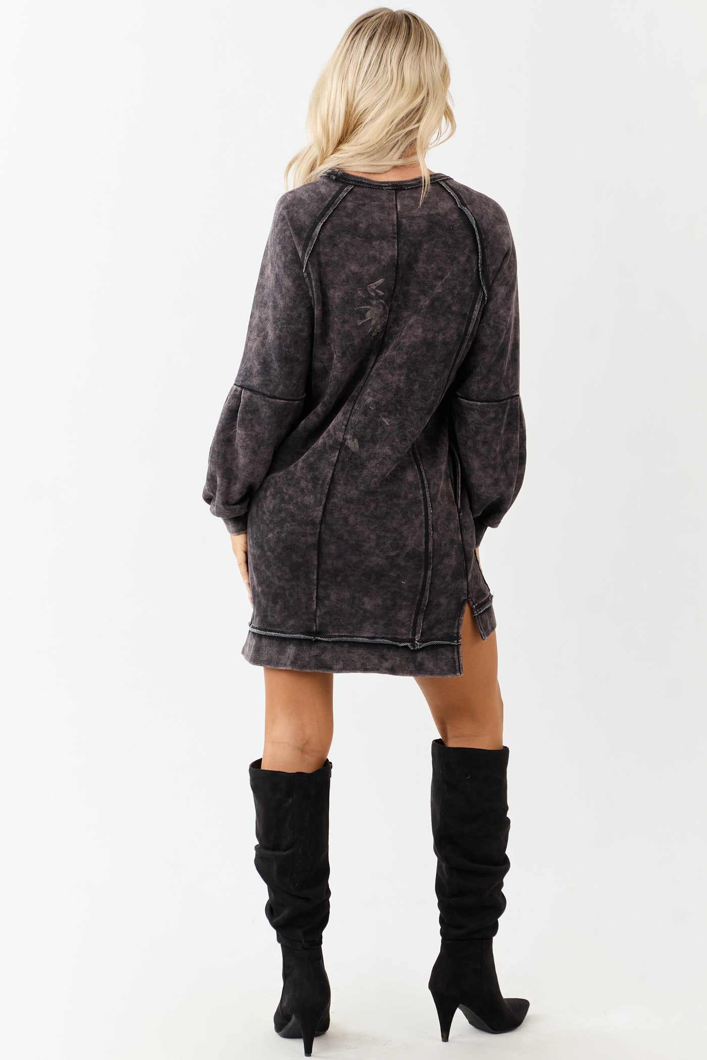 Black Mineral Wash Knit Raglan Sleeve Mini Dress