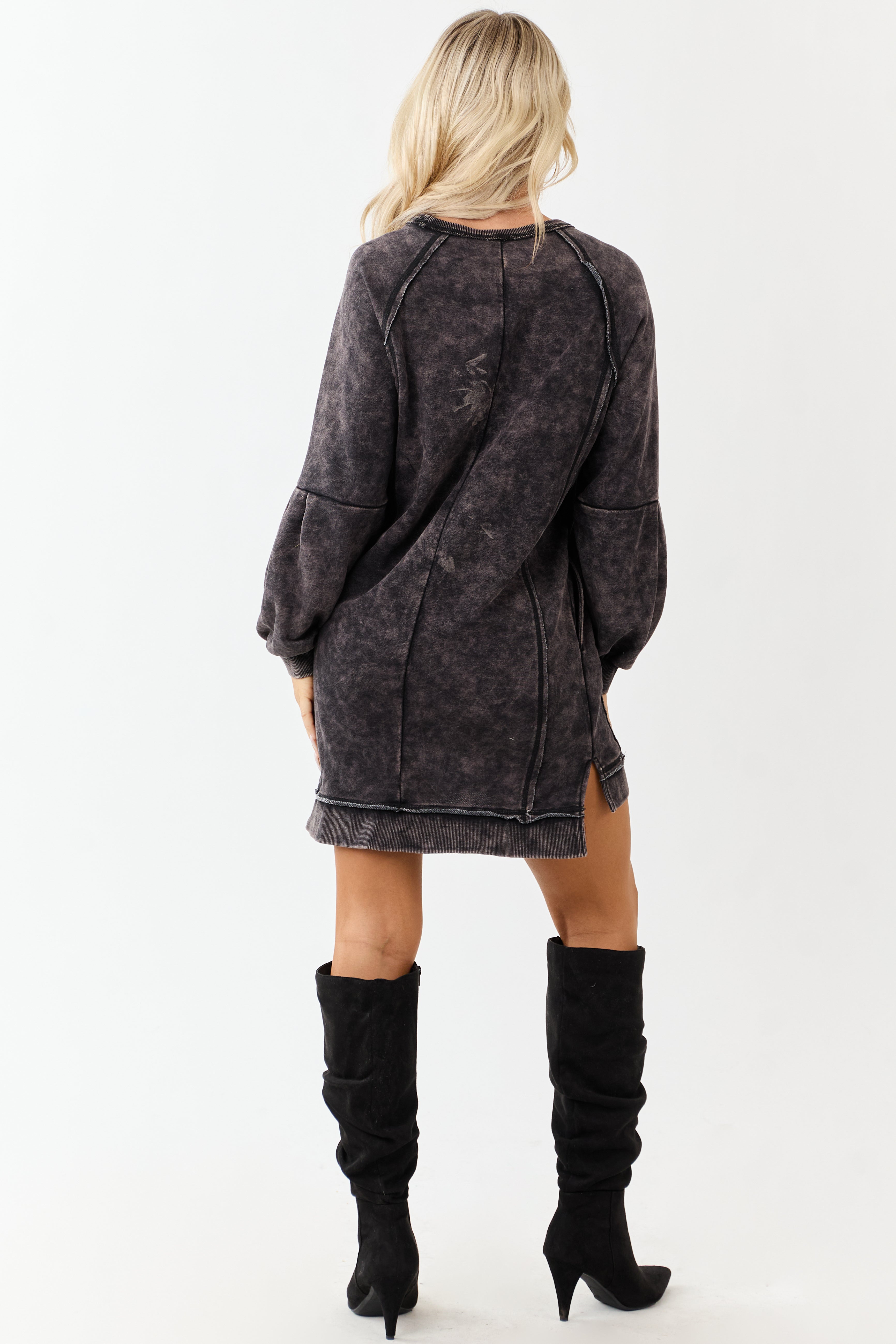 Black Mineral Wash Knit Raglan Sleeve Mini Dress