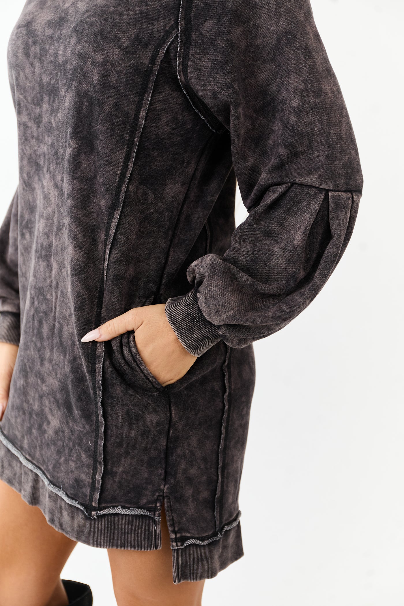 Black Mineral Wash Knit Raglan Sleeve Mini Dress