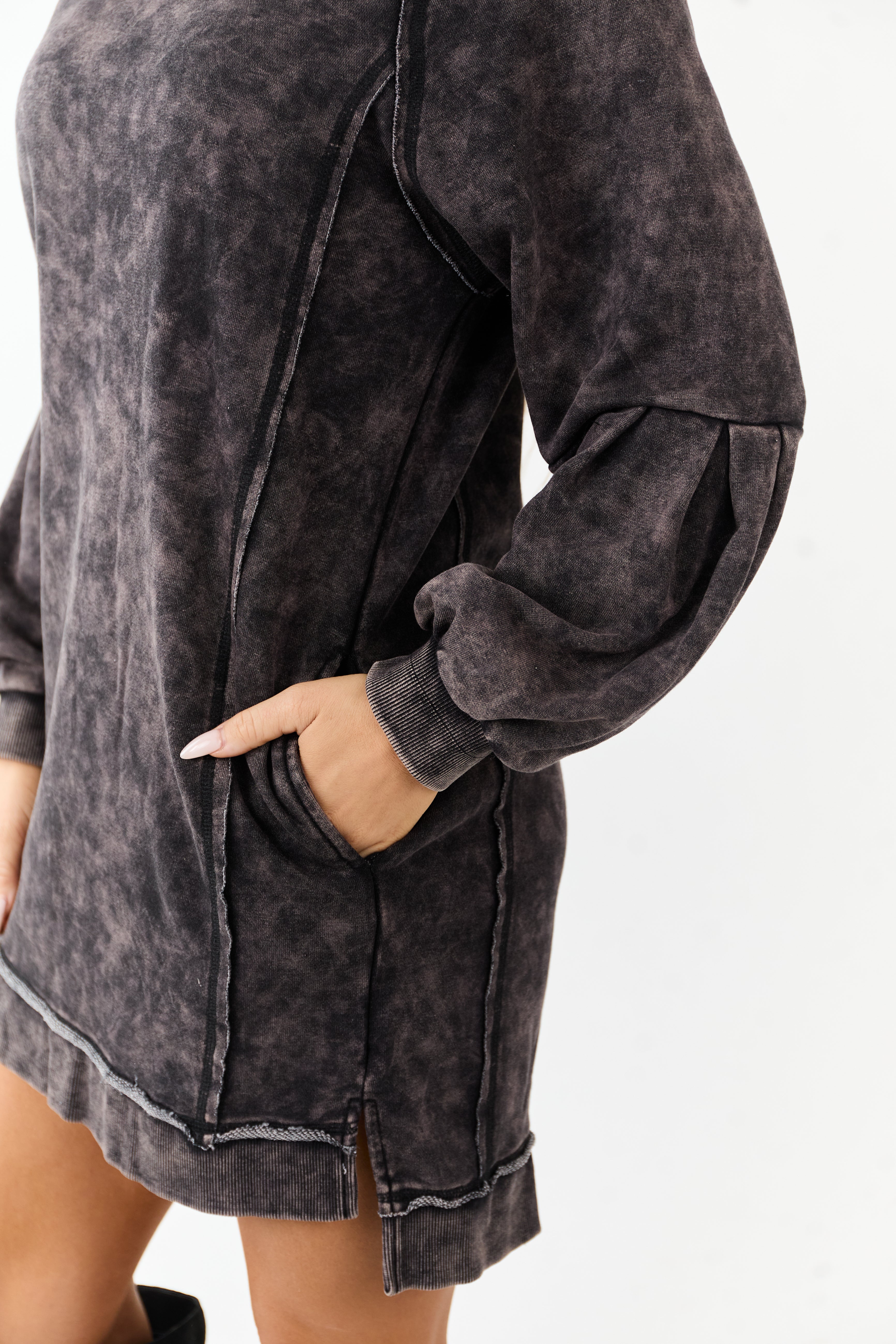 Black Mineral Wash Knit Raglan Sleeve Mini Dress