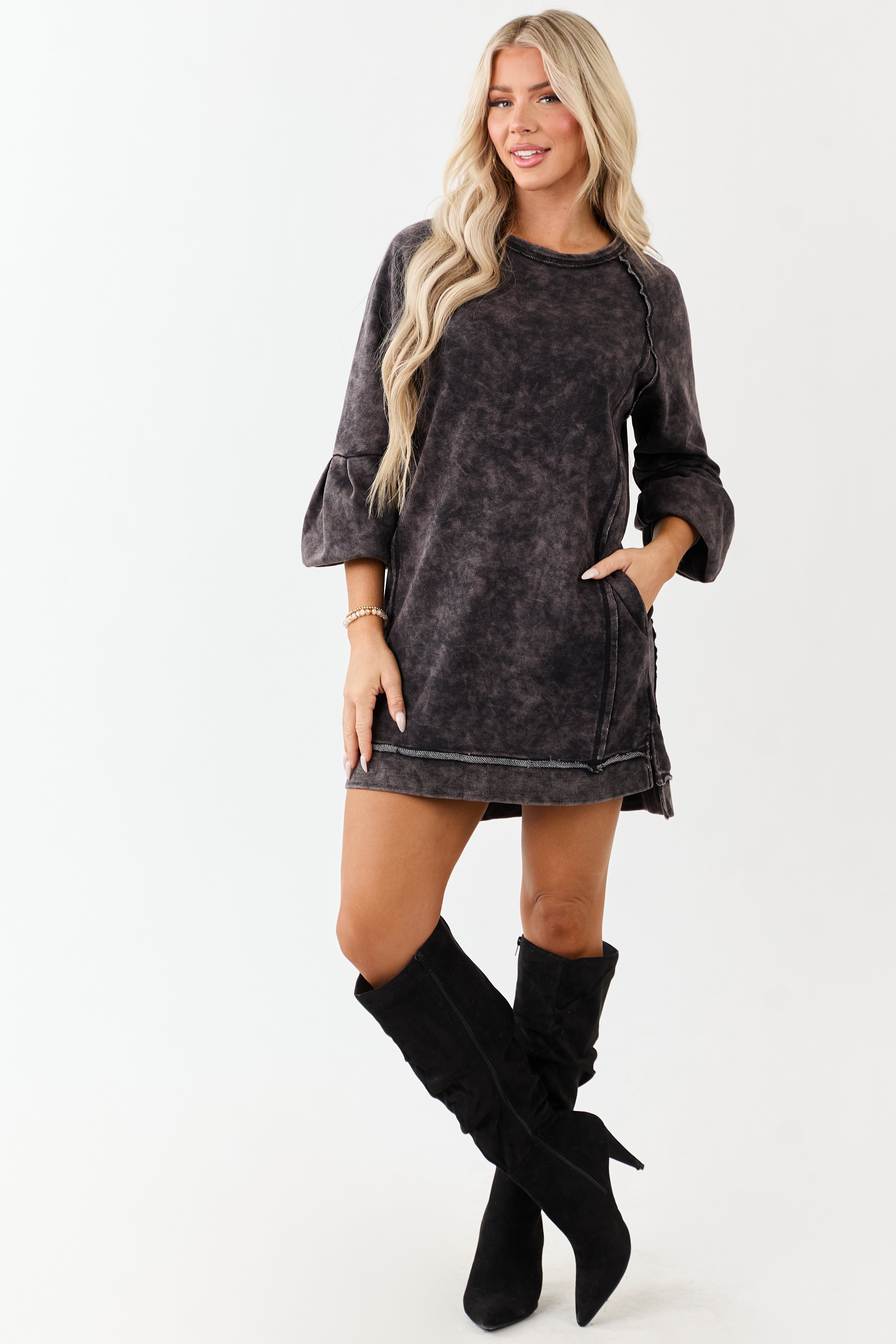 Black Mineral Wash Knit Raglan Sleeve Mini Dress