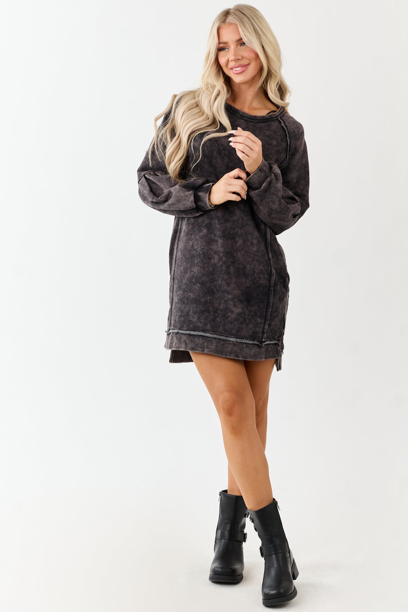 Black Mineral Wash Knit Raglan Sleeve Mini Dress