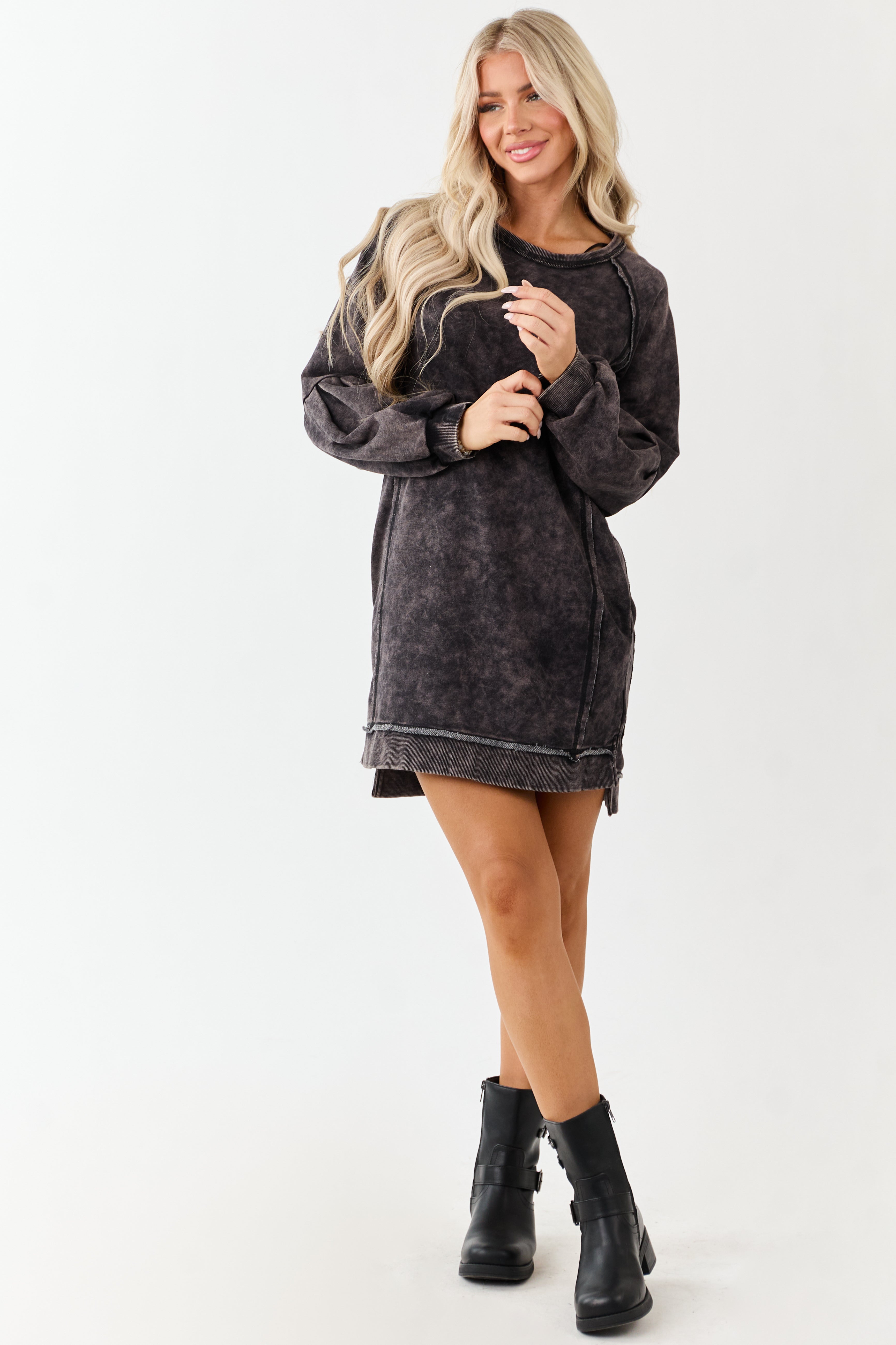 Black Mineral Wash Knit Raglan Sleeve Mini Dress