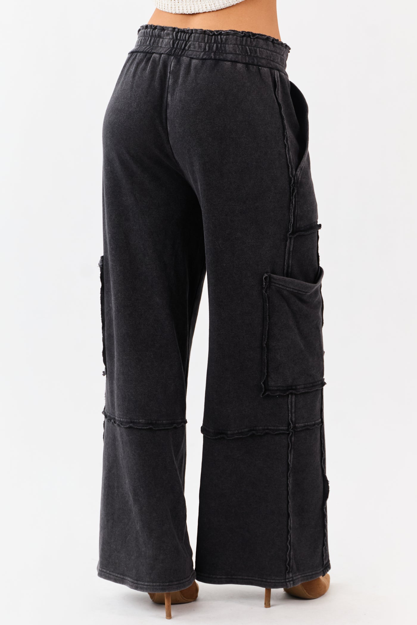 Black Mineral Wash Raw Seam Cargo Sweatpants