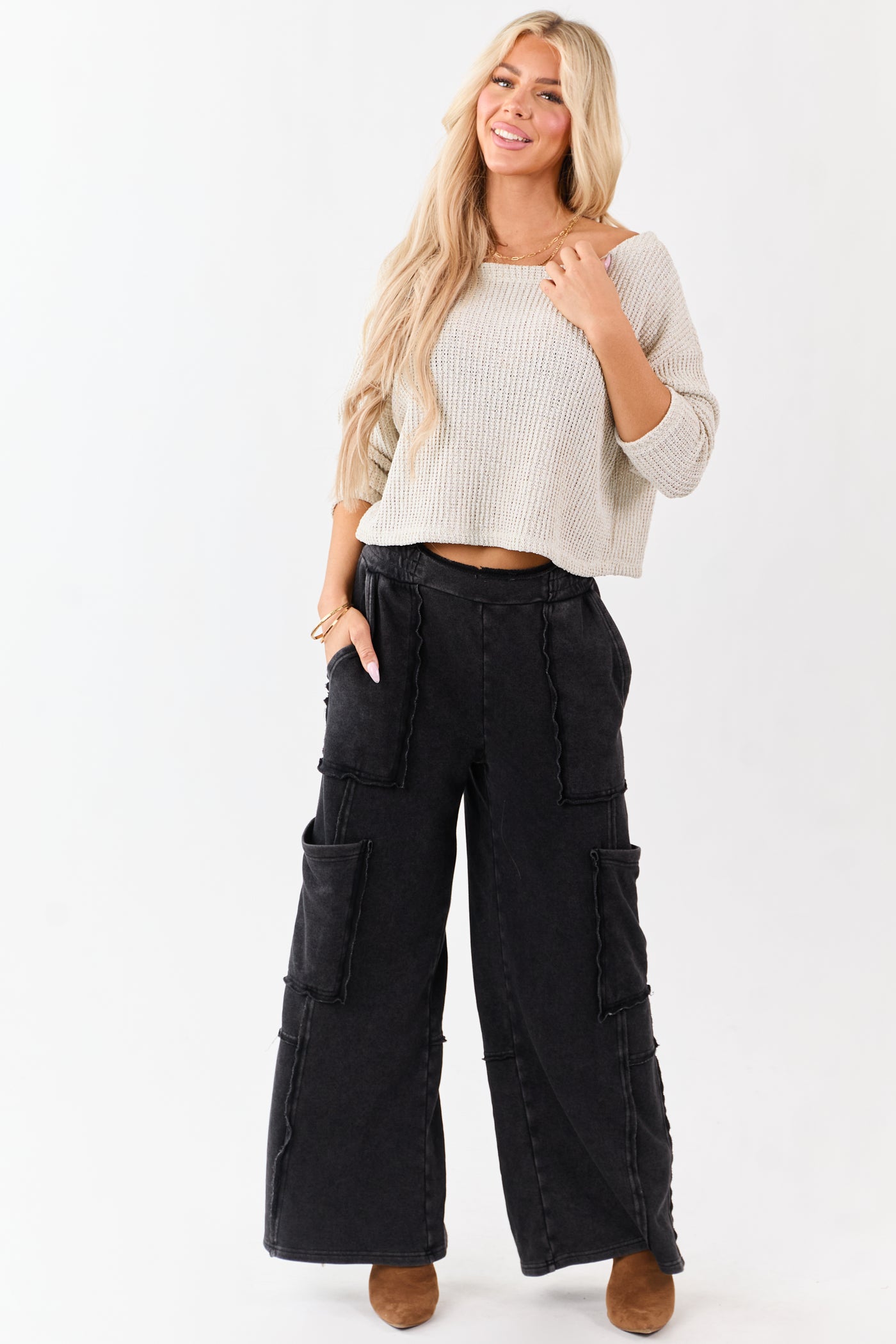 Black Mineral Wash Raw Seam Cargo Sweatpants