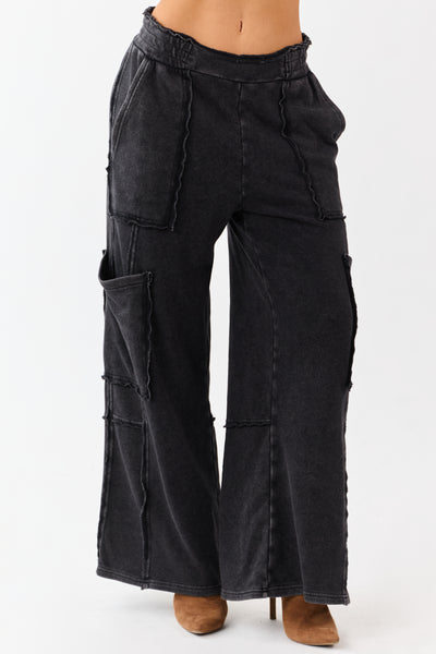 Black Mineral Wash Raw Seam Cargo Sweatpants