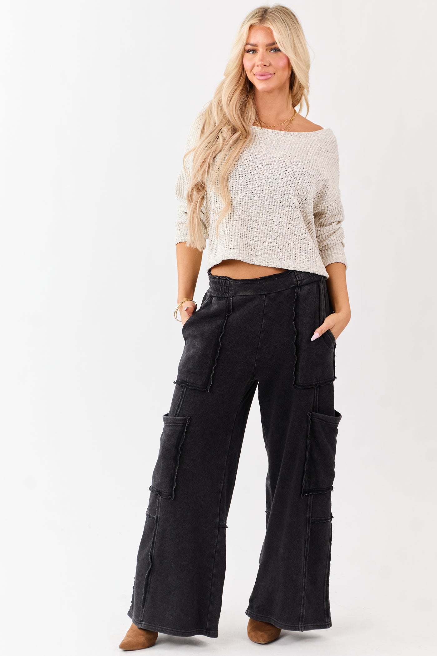 Black Mineral Wash Raw Seam Cargo Sweatpants