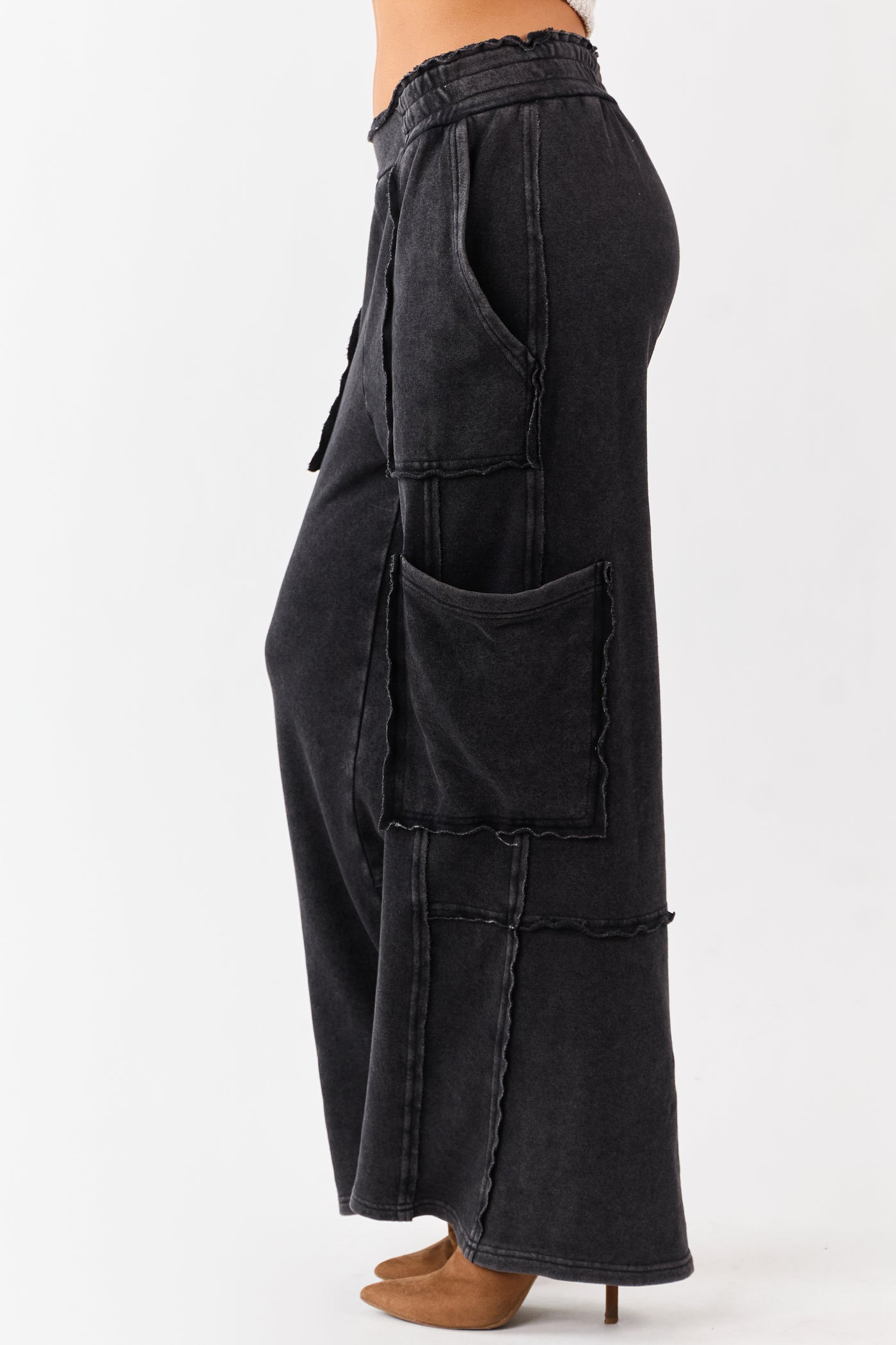 Black Mineral Wash Raw Seam Cargo Sweatpants