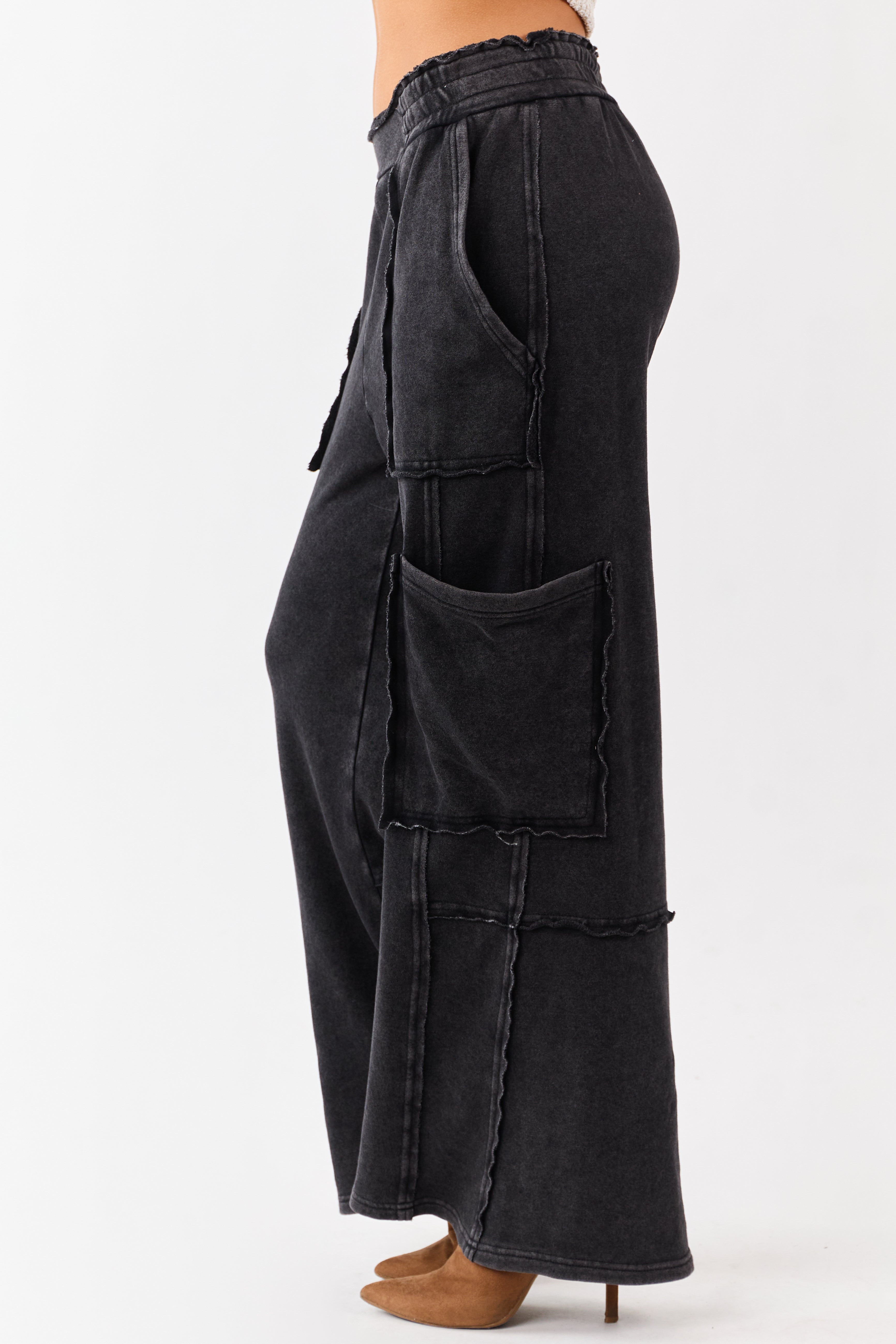 Black Mineral Wash Raw Seam Cargo Sweatpants