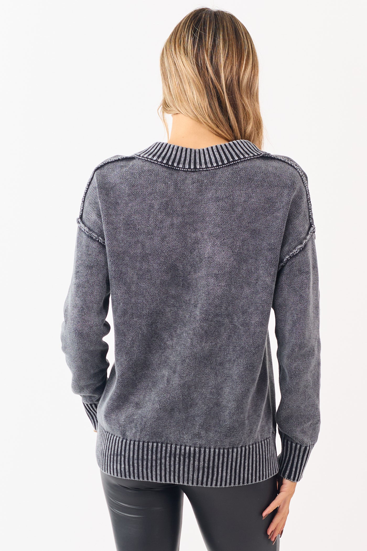 Black Mineral Washed Cotton Knit V-Neck Sweater