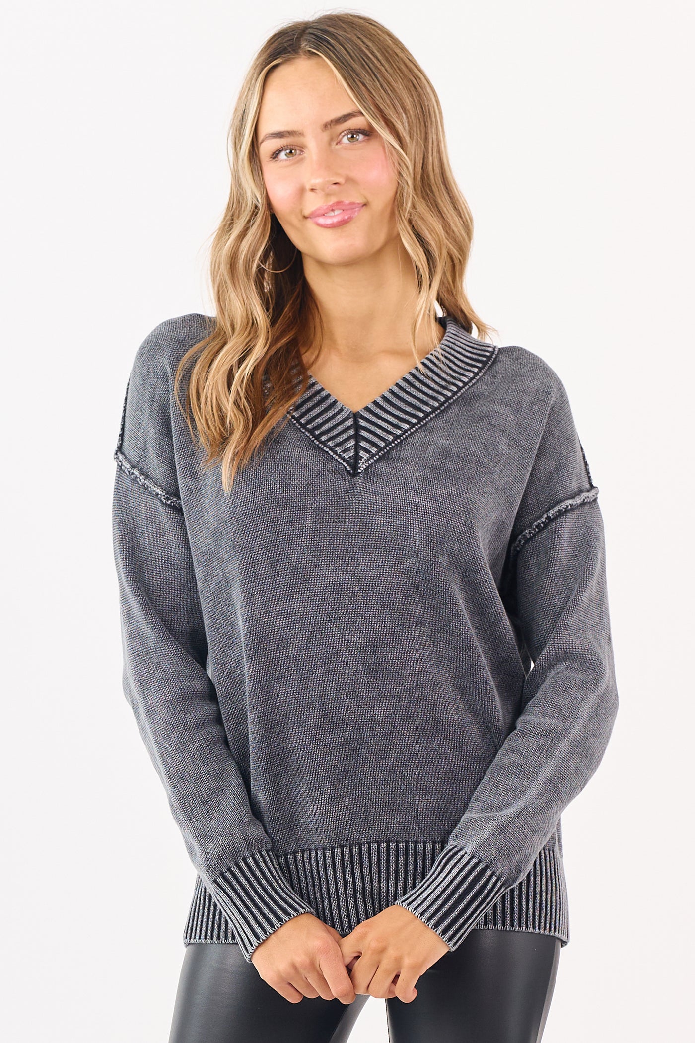 Black Mineral Washed Cotton Knit V-Neck Sweater